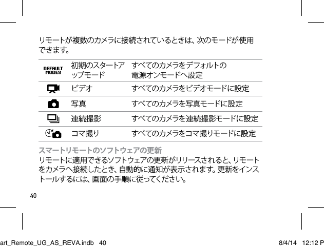 40リモートが複数のカメラに接続されているときは、次のモードが使用で きま す。初 期 の ス タートアップ モ ードすべ てのカメラをデ フォルトの  電 源 オンモ ードへ 設 定ビデオ すべてのカメラをビデオモードに 設 定写真 すべ てのカメラを写 真モ ードに 設 定連続撮影 すべ てのカメラを 連 続 撮 影 モ ードに 設 定コマ撮り すべ ての カメラをコ マ 撮りモ ード に設 定スマートリモ ートのソフトウェアの 更 新  リモートに適用できるソフトウェアの更新がリリースされると、リモートをカメラへ接続したとき、自動的に通知が表示されます。更新をインストールするには、画面の手順に従ってください。Smart_Remote_UG_AS_REVA.indb   40 8/4/14   12:12 PM