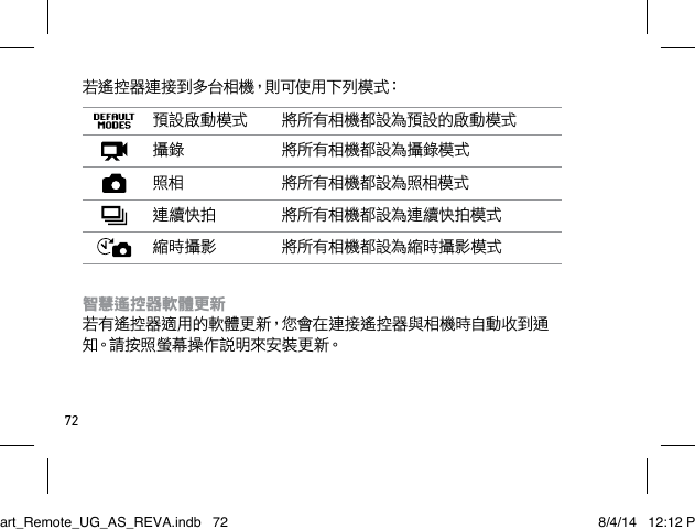 72若遙控器連接到多台相機，則可使用下列模式：預設啟動模式 將所有相機都設為預設的啟動模式攝錄 將所有相機都設為攝錄模式照相 將所有相機都設為照相模式連續快拍 將所有相機都設為連續快拍模式縮時攝影 將所有相機都設為縮時攝影模式智慧遙控器軟體更新 若有遙控器適用的軟體更新，您會在連接遙控器與相機時自動收到通知。請按照螢幕操作說明來安裝更新。 Smart_Remote_UG_AS_REVA.indb   72 8/4/14   12:12 PM