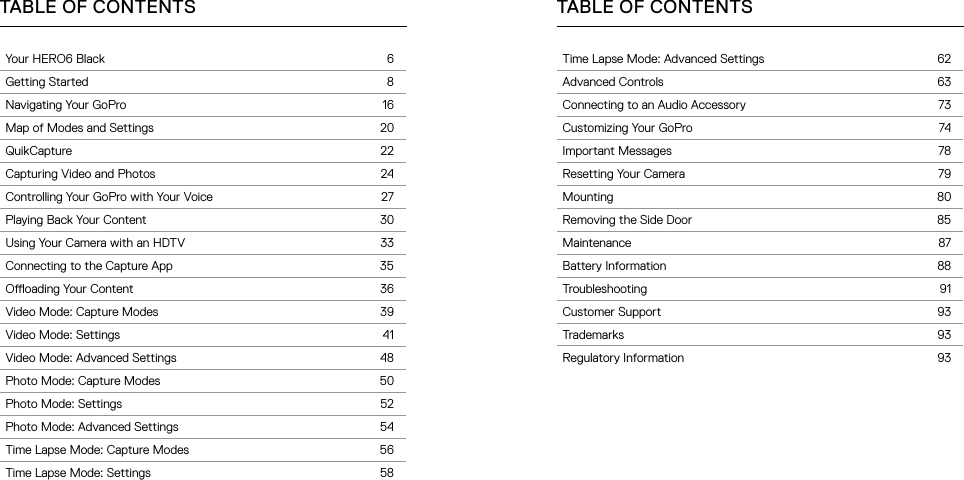 Your HERO6 Black 6Getting Started 8Navigating Your GoPro 16Map of Modes and Settings 20QuikCapture 22Capturing Video and Photos 24Controlling Your GoPro with Your Voice 27Playing Back Your Content 30Using Your Camera with an HDTV 33Connecting to the Capture App 35Ooading Your Content 36Video Mode: Capture Modes 39Video Mode: Settings 41Video Mode: Advanced Settings 48Photo Mode: Capture Modes 50Photo Mode: Settings 52Photo Mode: Advanced Settings 54Time Lapse Mode: Capture Modes 56Time Lapse Mode: Settings 58TABLE OF CONTENTSTime Lapse Mode: Advanced Settings 62Advanced Controls 63Connecting to an Audio Accessory 73Customizing Your GoPro 74Important Messages 78Resetting Your Camera 79Mounting 80Removing the Side Door 85Maintenance 87Battery Information 88Troubleshooting 91Customer Support 93Trademarks 93Regulatory Information 93TABLE OF CONTENTS