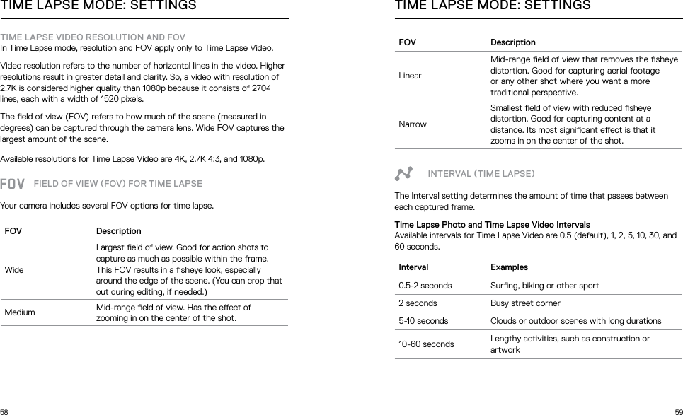58 59TIME LAPSE VIDEO RESOLUTION AND FOVIn Time Lapse mode, resolution and FOV apply only to Time Lapse Video.Video resolution refers to the number of horizontal lines in the video. Higher resolutions result in greater detail and clarity. So, a video with resolution of 2.7K is considered higher quality than 1080p because it consists of 2704 lines, each with a width of 1520 pixels. The eld of view (FOV) refers to how much of the scene (measured in degrees) can be captured through the camera lens. Wide FOV captures the largest amount of the scene.Available resolutions for Time Lapse Video are 4K, 2.7K 4:3, and 1080p. FIELD OF VIEW FOV FOR TIME LAPSEYour camera includes several FOV options for time lapse.FOV DescriptionWideLargest eld of view. Good for action shots to capture as much as possible within the frame. This FOV results in a sheye look, especially around the edge of the scene. (You can crop that out during editing, if needed.)Medium Mid-range eld of view. Has the eect of zooming in on the center of the shot.TIME LAPSE MODE: SETTINGSFOV DescriptionLinearMid-range eld of view that removes the sheye distortion. Good for capturing aerial footage or any other shot where you want a more traditional perspective.NarrowSmallest eld of view with reduced sheye distortion. Good for capturing content at a distance. Its most signicant eect is that it zooms in on the center of the shot.INTERVAL TIME LAPSEThe Interval setting determines the amount of time that passes between each captured frame.Time Lapse Photo and Time Lapse Video IntervalsAvailable intervals for Time Lapse Video are 0.5 (default), 1, 2, 5, 10, 30, and 60 seconds.Interval Examples0.5-2 seconds Surng, biking or other sport2 seconds Busy street corner5-10 seconds Clouds or outdoor scenes with long durations10-60 seconds Lengthy activities, such as construction or artworkTIME LAPSE MODE: SETTINGS