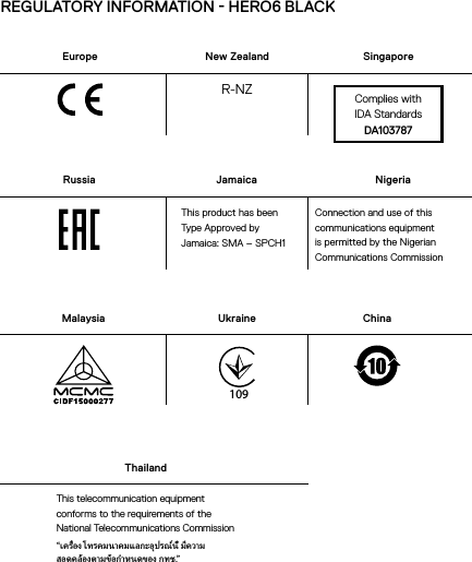 R-NZNew ZealandEuropeREGULATORY INFORMATION  HERO6 BLACKSingaporeComplies withIDA StandardsDA103787Russia JamaicaThis product has been  Type Approved by  Jamaica: SMA – SPCH1Malaysia Ukraine109NigeriaConnection and use of this communications equipment is permitted by the Nigerian Communications CommissionChinaThailandThis telecommunication equipment conforms to the requirements of the National Telecommunications Commission“เครื่อง โทรคมนาคมแลกะอุปรณ์นี้ มีความสอดคล้องตามข้อกำาหนดของ กทช.”