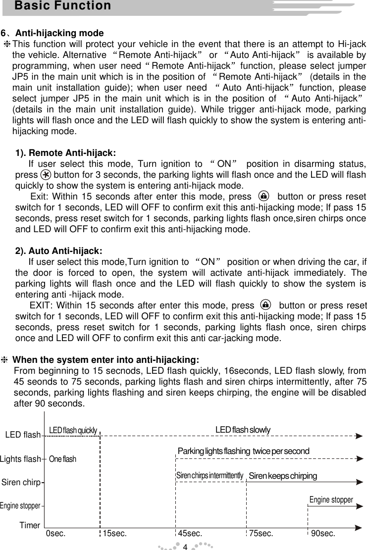 6 Anti-hijacking modehThis function will protect your vehicle in the event that there is an attempt to Hi-jack the vehicle. Alternative  Remote Anti-hijack  or  Auto Anti-hijack  is available by programming, when user need Remote Anti-hijack function, please select jumper JP5 in the main unit which is in the position of  Remote Anti-hijack  (details in the main unit installation guide); when user need  Auto Anti-hijack function, please select jumper JP5 in the main unit which is in the position of  Auto Anti-hijack  (details in the main unit installation guide). While trigger anti-hijack mode, parking lights will flash once and the LED will flash quickly to show the system is entering anti-hijacking mode. 1). Remote Anti-hijack:If user select this mode, Turn ignition to  ON  position in disarming status, press      button for 3 seconds, the parking lights will flash once and the LED will flash quickly to show the system is entering anti-hijack mode.    Exit: Within 15 seconds after enter this mode, press       button or press reset switch for 1 seconds, LED will OFF to confirm exit this anti-hijacking mode; If pass 15 seconds, press reset switch for 1 seconds, parking lights flash once,siren chirps once and LED will OFF to confirm exit this anti-hijacking mode. 2). Auto Anti-hijack: If user select this mode,Turn ignition to  ON  position or when driving the car, if the door is forced to open, the system will activate anti-hijack immediately. The parking lights will flash once and the LED will flash quickly to show the system is entering anti -hijack mode.    EXIT: Within 15 seconds after enter this mode, press       button or press reset switch for 1 seconds, LED will OFF to confirm exit this anti-hijacking mode; If pass 15 seconds, press reset switch for 1 seconds, parking lights flash once, siren chirps once and LED will OFF to confirm exit this anti car-jacking mode. hWhen the system enter into anti-hijacking:From beginning to 15 secnods, LED flash quickly, 16seconds, LED flash slowly, from 45 seonds to 75 seconds, parking lights flash and siren chirps intermittently, after 75 seconds, parking lights flashing and siren keeps chirping, the engine will be disabled after 90 seconds.Basic Function40sec.TimerEngine stopperSiren chirpLights flashLED flashLED flash quicklyOne flashLED flash slowlyParking lights flashing  twice per secondSiren chirps intermittentlySiren keeps chirpingEngine stopper15sec. 45sec. 75sec. 90sec.