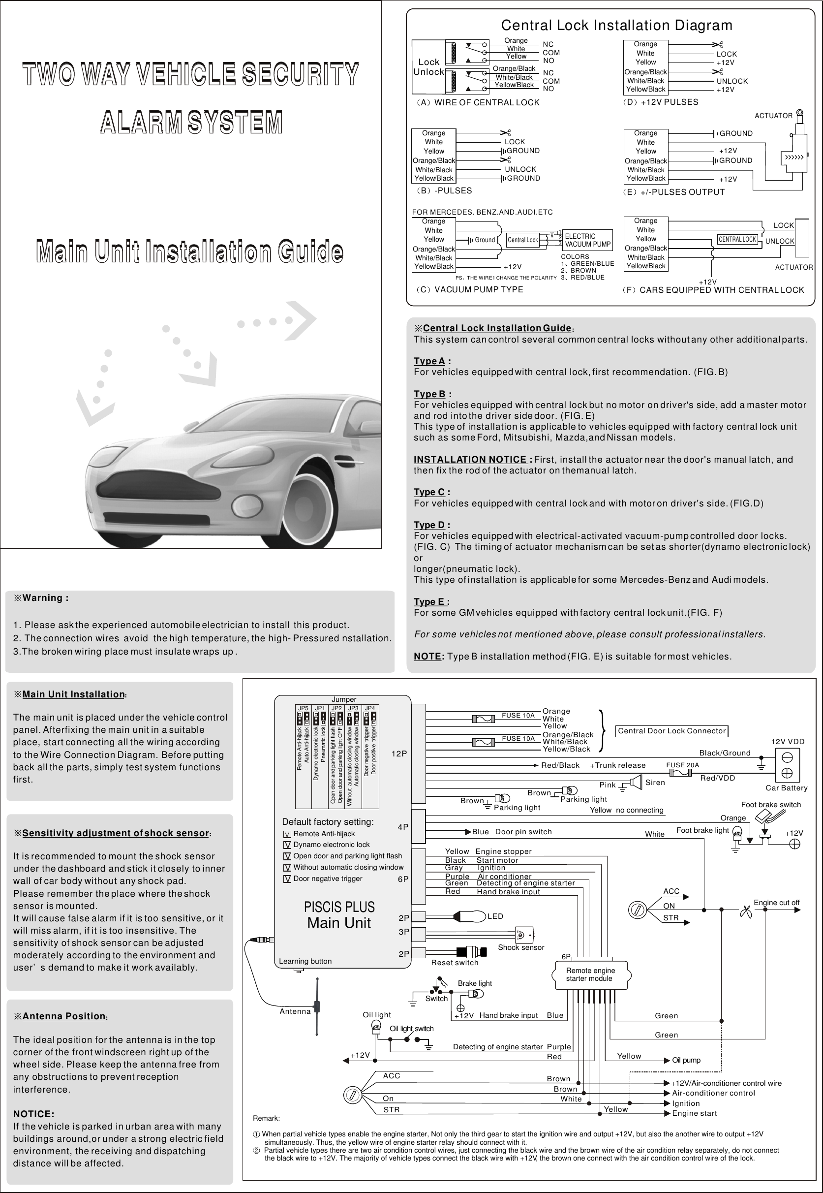 Central Lock Installation DiagramA WIRE OF CENTRAL LOCK  LockUnlockWhite/BlackYellow/BlackOrange/BlackYellowOrangeWhiteWhite/BlackWhite/BlackWhite/BlackWhite/BlackWhite/BlackYellow/BlackYellow/BlackYellow/BlackYellow/BlackYellow/BlackOrange/BlackOrange/BlackOrange/BlackOrange/BlackOrange/BlackYellowYellowYellowYellowYellowOrangeOrangeOrangeOrangeOrangeWhiteWhiteWhiteWhiteWhiteNC COM NO NC COM NO B -PULSES&quot;&quot;LOCKGROUNDUNLOCKGROUND&quot;COLORS1 GREEN/BLUE2 BROWN3 RED/BLUEGroundCentral Lock+12VELECTRIC VACUUM PUMP123PS THE WIRE1 CHANGE THE POLARITYC VACUUM PUMP TYPEFOR MERCEDES. BENZ.AND.AUDI.ETCE +/-PULSES OUTPUTGROUND+12VGROUND+12V+12VCENTRAL LOCKF CARS EQUIPPED WITH CENTRAL LOCKLOCKUNLOCKACTUATORACTUATOR&quot;&quot;D +12V PULSESLOCK+12VUNLOCK+12VCentral Lock Installation GuideThis system can control several common central locks without any other additional parts.Type A :For vehicles equipped with central lock, first recommendation. (FIG. B)Type B :For vehicles equipped with central lock but no motor on driver&apos;s side, add a master motor and rod into the driver side door. (FIG. E)This type of installation is applicable to vehicles equipped with factory central lock unit such as some Ford, Mitsubishi, Mazda,and Nissan models.INSTALLATION NOTICE : First, install the actuator near the door&apos;s manual latch, and then fix the rod of the actuator on themanual latch.Type C : For vehicles equipped with central lock and with motor on driver&apos;s side. (FIG.D)Type D : For vehicles equipped with electrical-activated vacuum-pump controlled door locks. (FIG. C)  The timing of actuator mechanism can be set as shorter(dynamo electronic lock) or longer(pneumatic lock).This type of installation is applicable for some Mercedes-Benz and Audi models.Type E : For some GM vehicles equipped with factory central lock unit.(FIG. F)For some vehicles not mentioned above, please consult professional installers.NOTE: Type B installation method (FIG. E) is suitable for most vehicles.Warning :1. Please ask the experienced automobile electrician to install  this product.2. The connection wires  avoid  the high temperature, the high- Pressured nstallation. 3.The broken wiring place must insulate wraps up .Main Unit InstallationThe main unit is placed under the vehicle control panel. Afterfixing the main unit in a suitable place, start connecting all the wiring according to the Wire Connection Diagram. Before putting back all the parts, simply test system functions first.Sensitivity adjustment of shock sensorIt is recommended to mount the shock sensor under the dashboard and stick it closely to inner wall of car body without any shock pad.Please remember the place where the shock sensor is mounted. It will cause false alarm if it is too sensitive, or it will miss alarm, if it is too insensitive. The sensitivity of shock sensor can be adjusted moderately according to the environment and user’s demand to make it work availably.Antenna PositionThe ideal position for the antenna is in the top corner of the front windscreen right up of the wheel side. Please keep the antenna free from any obstructions to prevent reception interference.NOTICE: If the vehicle is parked in urban area with many buildings around,or under a strong electric field environment, the receiving and dispatching distance will be affected.Dynamo electronic lockJP1Pneumatic lockOpen door and parking light flashJP2Open door and parking light OFFWithout  automatic closing windowJP3Automatic closing windowDoor negative  triggerRemote Anti-hijackDoor positive  trigger Auto Anti-hijack JP4JP5Remark: When partial vehicle types enable the engine starter, Not only the third gear to start the ignition wire and output +12V, but also the another wire to output +12V       simultaneously. Thus, the yellow wire of engine starter relay should connect with it.   Partial vehicle types there are two air condition control wires, just connecting the black wire and the brown wire of the air condition relay separately, do not connect       the black wire to +12V. The majority of vehicle types connect the black wire with +12V, the brown one connect with the air condition control wire of the lock.Yellow/BlackRed/Black     +Trunk releaseBlue   Door pin switchWhite/BlackOrange/BlackYellowWhiteOrange12V VDDCar BatteryFUSE 10AFUSE 10AFUSE 20ALEDReset switchSwitchOil pump+12V/Air-conditioner control wireAir-conditioner controlIgnitionEngine startBlack     Start motor  Yellow   Engine stopperGray       IgnitionPurple    Air conditionerHand brake inputBluePurpleRedHand brake inputDetecting of engine starterRed Green    Detecting of engine starter+12VShock sensorRed/VDDSirenFoot brake switchFoot brake lightOrangeYellow  no connectingWhiteONACCSTREngine cut off+12VPinkBlack/Ground12P4P6P2PLearning button3P2PPISCIS PLUSBrownBrown Parking light Parking lightOil lightBrake light   Oil light switchAntennaACC+12VOnSTRBrownBrownWhiteYellowYellowGreenGreenCentral Door Lock ConnectorMain UnitDefault factory setting:VDynamo electronic lockJumperVOpen door and parking light flashVWithout automatic closing windowVV Door negative trigger Remote Anti-hijackMax Min6PRemote engine starter moduleTWO WAY VEHICLE SECURITYTWO WAY VEHICLE SECURITYTWO WAY VEHICLE SECURITYTWO WAY VEHICLE SECURITY ALARM SYSTEM ALARM SYSTEM ALARM SYSTEM ALARM SYSTEMMain Unit Installation GuideMain Unit Installation GuideMain Unit Installation GuideMain Unit Installation Guide