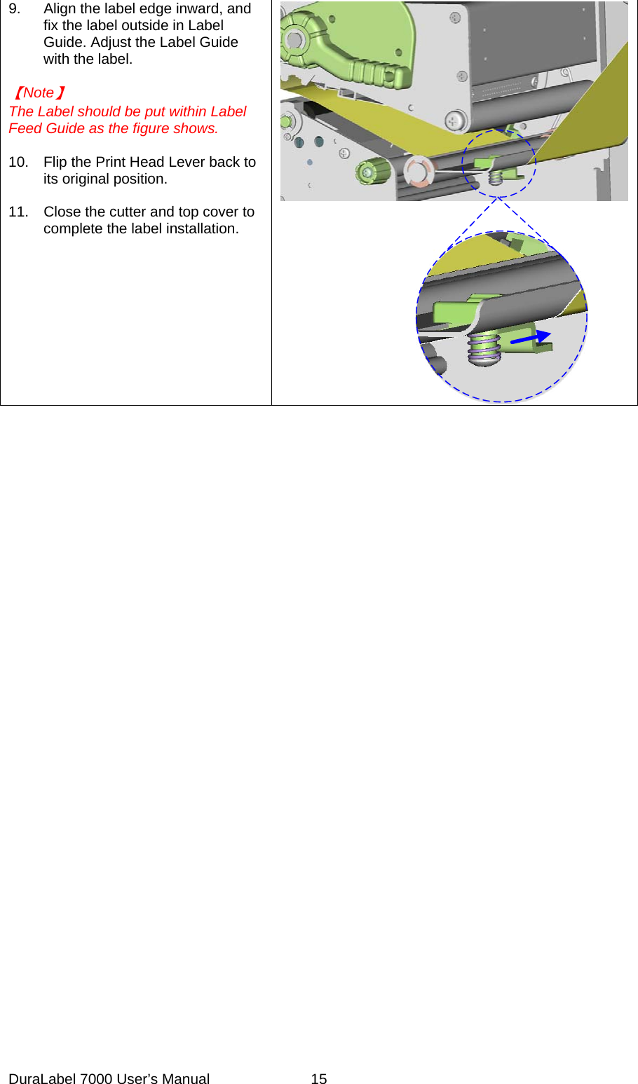 9.  Align the label edge inward, and fix the label outside in Label Guide. Adjust the Label Guide with the label.  【Note】 The Label should be put within Label Feed Guide as the figure shows.  10.  Flip the Print Head Lever back to its original position.  11.  Close the cutter and top cover to complete the label installation.      DuraLabel 7000 User&rsquo;s Manual  15