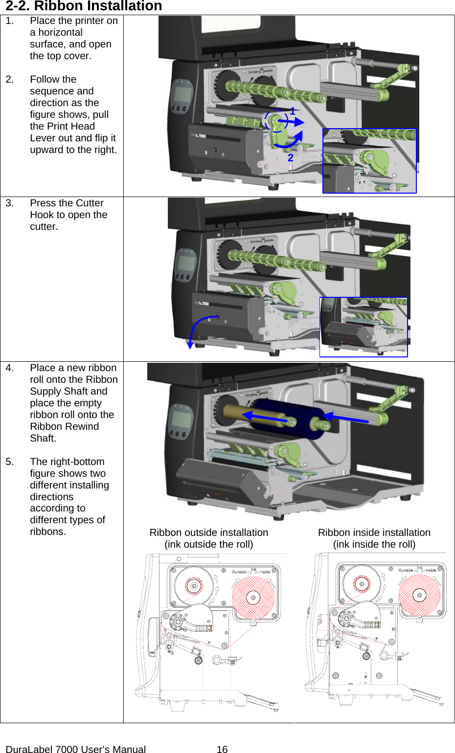 2-2. Ribbon Installation 1.  Place the printer on a horizontal surface, and open the top cover.  2. Follow the sequence and direction as the figure shows, pull the Print Head Lever out and flip it upward to the right. 12 3.  Press the Cutter Hook to open the cutter.   4.  Place a new ribbon roll onto the Ribbon Supply Shaft and place the empty ribbon roll onto the Ribbon Rewind Shaft.  5. The right-bottom figure shows two different installing directions according to different types of ribbons.  Ribbon outside installation (ink outside the roll)  Ribbon inside installation (ink inside the roll) DuraLabel 7000 User&rsquo;s Manual  16