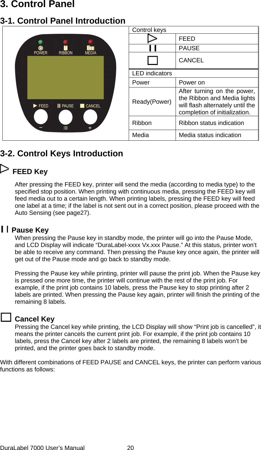 3. Control Panel 3-1. Control Panel Introduction Control keys  FEED  PAUSE  CANCEL LED indicators Power Power on Ready(Power)After turning on the power, the Ribbon and Media lights will flash alternately until the completion of initialization. Ribbon  Ribbon status indication  Media Media status indication  3-2. Control Keys Introduction  FEED Key After pressing the FEED key, printer will send the media (according to media type) to the specified stop position. When printing with continuous media, pressing the FEED key will feed media out to a certain length. When printing labels, pressing the FEED key will feed one label at a time; if the label is not sent out in a correct position, please proceed with the Auto Sensing (see page27).   Pause Key When pressing the Pause key in standby mode, the printer will go into the Pause Mode, and LCD Display will indicate &ldquo;DuraLabel-xxxx Vx.xxx Pause.&rdquo; At this status, printer won&rsquo;t be able to receive any command. Then pressing the Pause key once again, the printer will get out of the Pause mode and go back to standby mode.  Pressing the Pause key while printing, printer will pause the print job. When the Pause key is pressed one more time, the printer will continue with the rest of the print job. For example, if the print job contains 10 labels, press the Pause key to stop printing after 2 labels are printed. When pressing the Pause key again, printer will finish the printing of the remaining 8 labels.   Cancel Key Pressing the Cancel key while printing, the LCD Display will show &ldquo;Print job is cancelled&rdquo;, it means the printer cancels the current print job. For example, if the print job contains 10 labels, press the Cancel key after 2 labels are printed, the remaining 8 labels won&rsquo;t be printed, and the printer goes back to standby mode.  With different combinations of FEED PAUSE and CANCEL keys, the printer can perform various functions as follows:    DuraLabel 7000 User&rsquo;s Manual  20