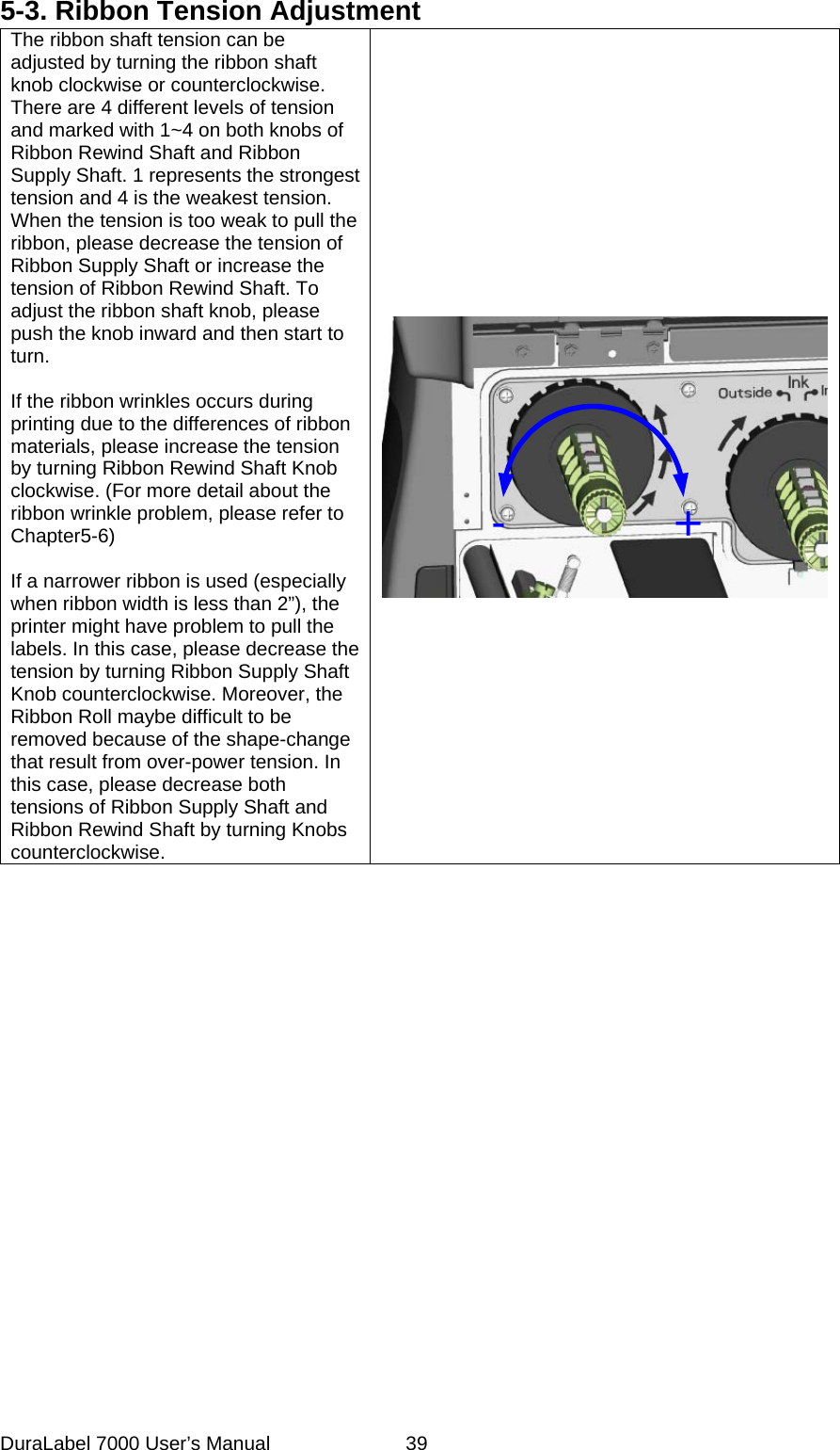 5-3. Ribbon Tension Adjustment The ribbon shaft tension can be adjusted by turning the ribbon shaft knob clockwise or counterclockwise. There are 4 different levels of tension and marked with 1~4 on both knobs of Ribbon Rewind Shaft and Ribbon Supply Shaft. 1 represents the strongest tension and 4 is the weakest tension. When the tension is too weak to pull the ribbon, please decrease the tension of Ribbon Supply Shaft or increase the tension of Ribbon Rewind Shaft. To adjust the ribbon shaft knob, please push the knob inward and then start to turn.    If the ribbon wrinkles occurs during printing due to the differences of ribbon materials, please increase the tension by turning Ribbon Rewind Shaft Knob clockwise. (For more detail about the ribbon wrinkle problem, please refer to Chapter5-6)  If a narrower ribbon is used (especially when ribbon width is less than 2&rdquo;), the printer might have problem to pull the labels. In this case, please decrease the tension by turning Ribbon Supply Shaft Knob counterclockwise. Moreover, the Ribbon Roll maybe difficult to be removed because of the shape-change that result from over-power tension. In this case, please decrease both tensions of Ribbon Supply Shaft and Ribbon Rewind Shaft by turning Knobs counterclockwise.  +- DuraLabel 7000 User&rsquo;s Manual  39