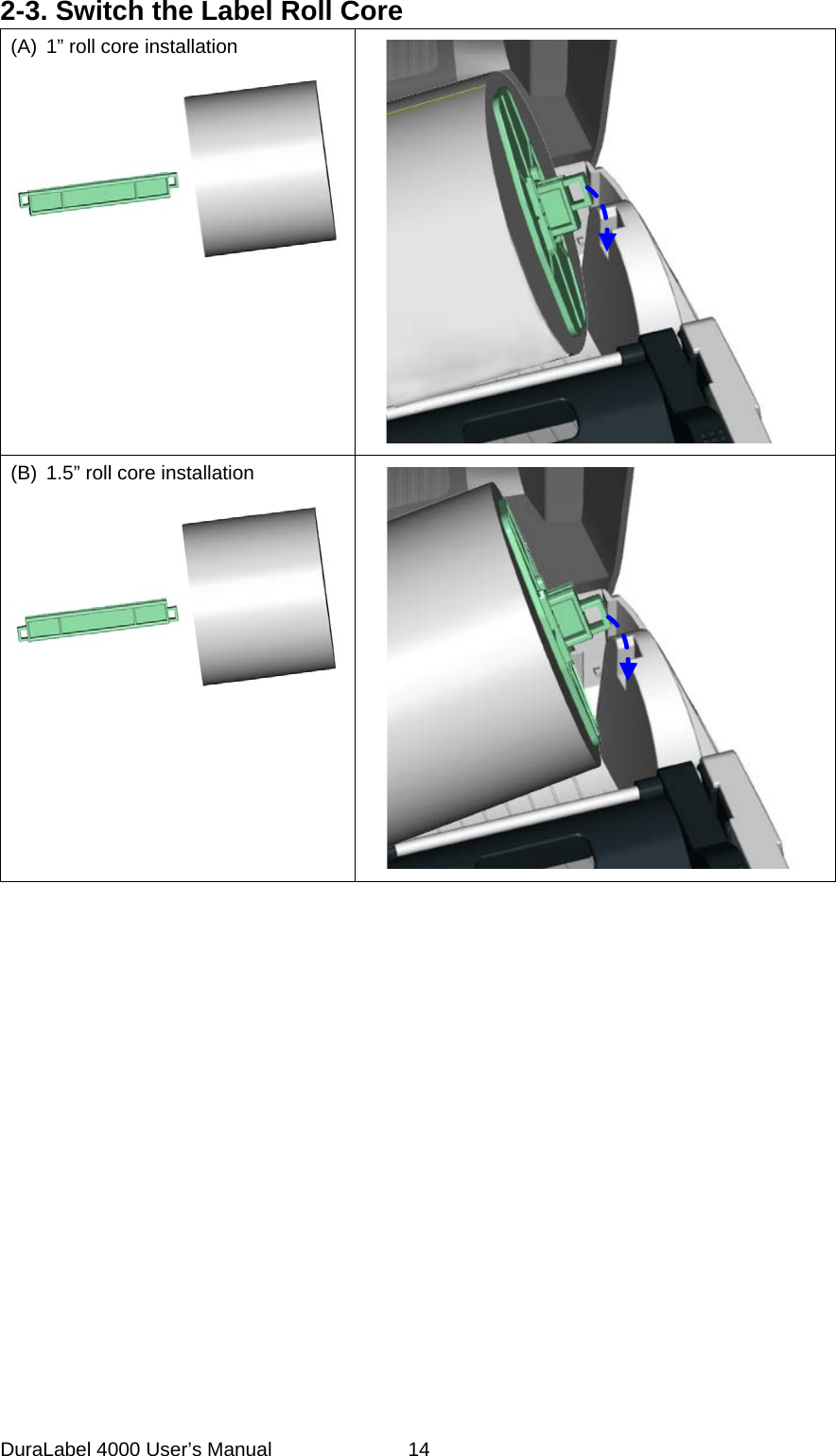 DuraLabel 4000 User&rsquo;s Manual  14 2-3. Switch the Label Roll Core   (A) 1&rdquo; roll core installation   (B) 1.5&rdquo; roll core installation    