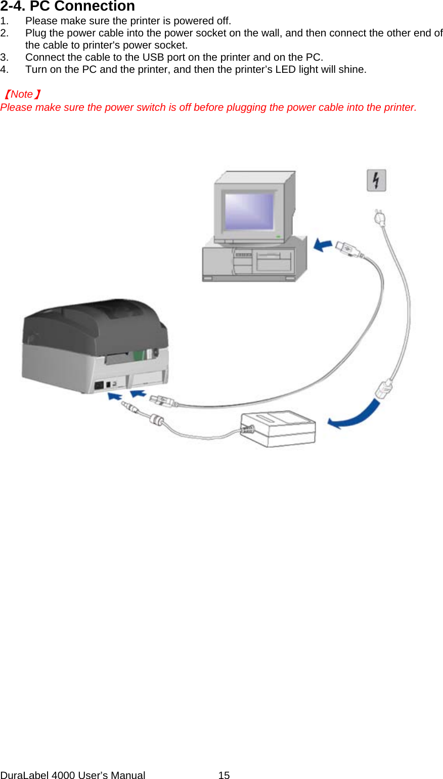 DuraLabel 4000 User&rsquo;s Manual  15 2-4. PC Connection 1. Please make sure the printer is powered off. 2.  Plug the power cable into the power socket on the wall, and then connect the other end of the cable to printer's power socket. 3. Connect the cable to the USB port on the printer and on the PC. 4.  Turn on the PC and the printer, and then the printer&rsquo;s LED light will shine.  【Note】 Please make sure the power switch is off before plugging the power cable into the printer.             