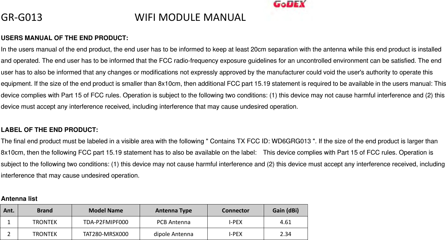 GR‐G013WIFIMODULEMANUAL USERS MANUAL OF THE END PRODUCT: In the users manual of the end product, the end user has to be informed to keep at least 20cm separation with the antenna while this end product is installed and operated. The end user has to be informed that the FCC radio-frequency exposure guidelines for an uncontrolled environment can be satisfied. The end user has to also be informed that any changes or modifications not expressly approved by the manufacturer could void the user's authority to operate this equipment. If the size of the end product is smaller than 8x10cm, then additional FCC part 15.19 statement is required to be available in the users manual: This device complies with Part 15 of FCC rules. Operation is subject to the following two conditions: (1) this device may not cause harmful interference and (2) this device must accept any interference received, including interference that may cause undesired operation.  LABEL OF THE END PRODUCT: The final end product must be labeled in a visible area with the following " Contains TX FCC ID: WD6GRG013 ". If the size of the end product is larger than 8x10cm, then the following FCC part 15.19 statement has to also be available on the label:    This device complies with Part 15 of FCC rules. Operation is subject to the following two conditions: (1) this device may not cause harmful interference and (2) this device must accept any interference received, including interference that may cause undesired operation. Antenna list Ant.BrandModelNameAntennaTypeConnectorGain(dBi)1TRONTEKTDA‐P2FMIPF000PCBAntennaI‐PEX4.612TRONTEKTAT280‐MRSX000dipoleAntennaI‐PEX2.34