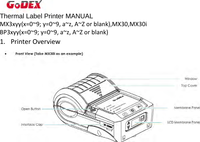 Thermal Label Printer MANUAL MX3xyy(x=0~9;y=0~9,a~z,A~Zorblank),MX30,MX30iBP3xyy(x=0~9;y=0~9,a~z,A~Zorblank)1. PrinterOverview