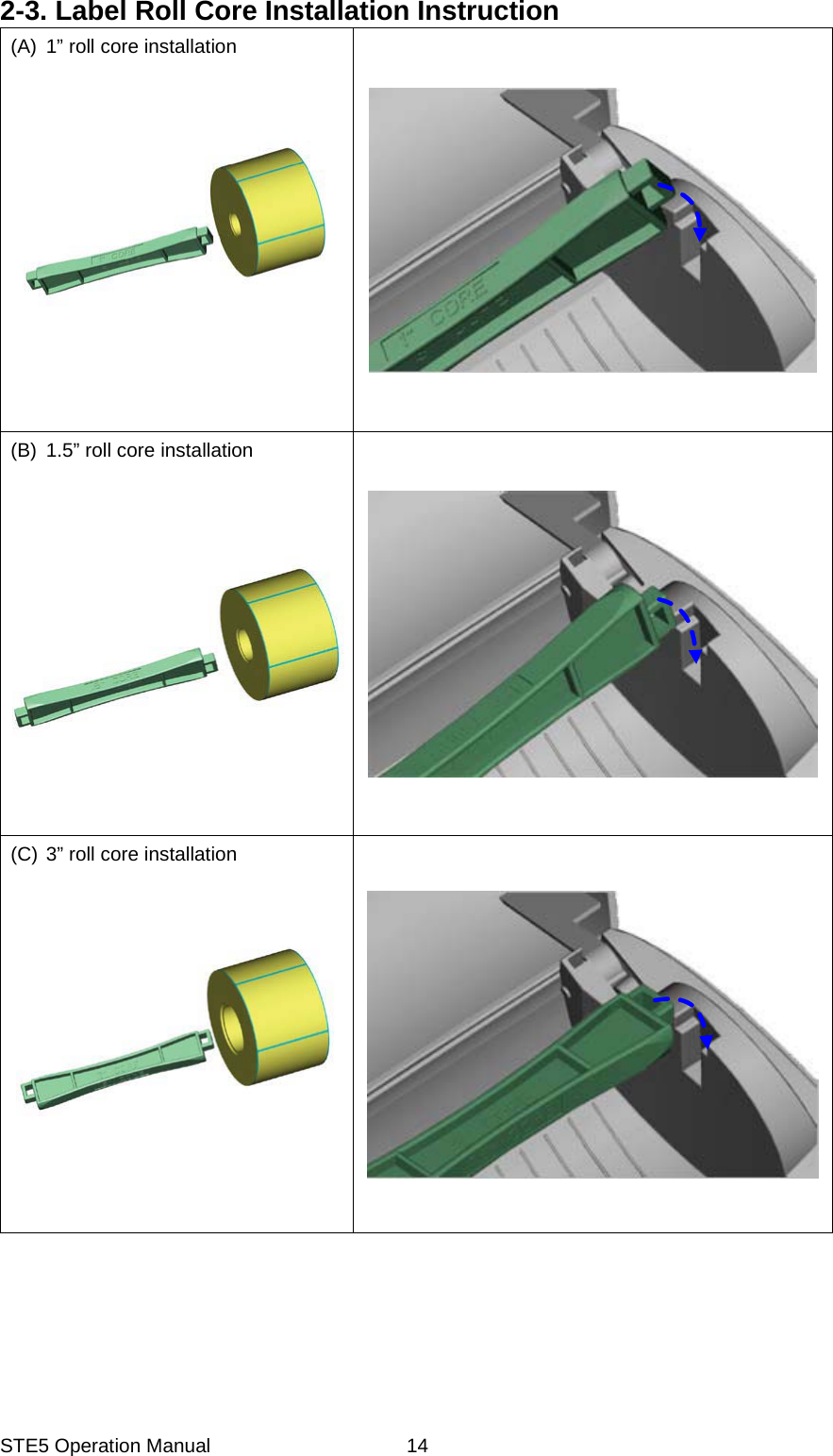 STE5 Operation Manual  142-3. Label Roll Core Installation Instruction (A)  1&rdquo; roll core installation     (B) 1.5&rdquo; roll core installation     (C) 3&rdquo; roll core installation      