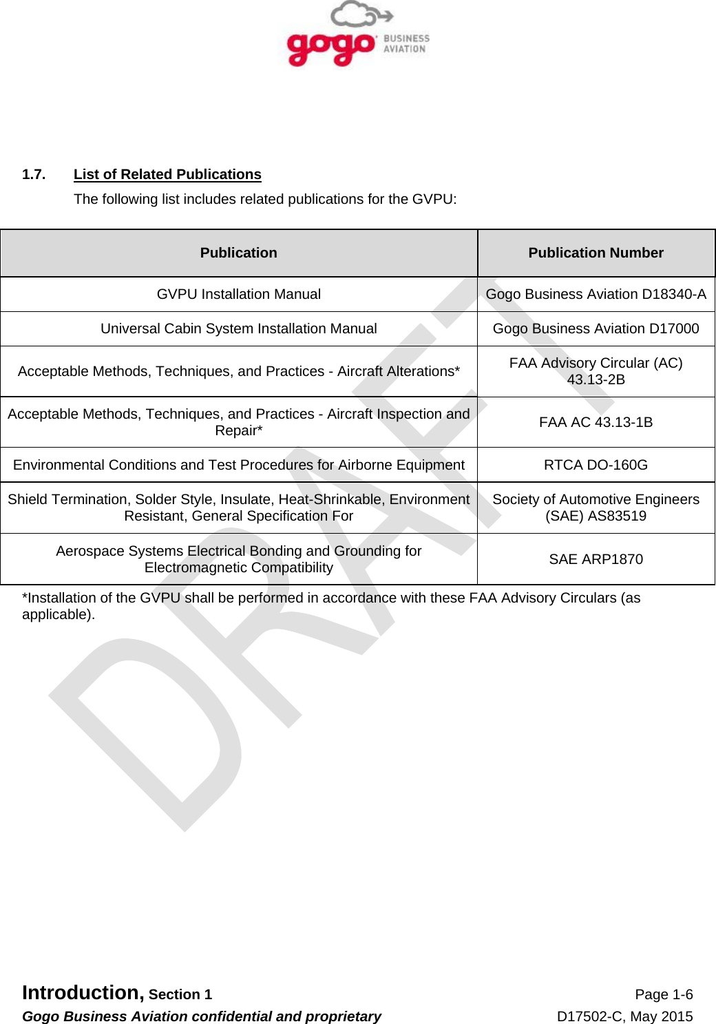   Introduction, Section 1 Page 1-6 Gogo Business Aviation confidential and proprietary   D17502-C, May 2015    1.7.  List of Related Publications The following list includes related publications for the GVPU:  Publication  Publication Number GVPU Installation Manual  Gogo Business Aviation D18340-A Universal Cabin System Installation Manual  Gogo Business Aviation D17000 Acceptable Methods, Techniques, and Practices - Aircraft Alterations*  FAA Advisory Circular (AC) 43.13-2B Acceptable Methods, Techniques, and Practices - Aircraft Inspection and Repair*  FAA AC 43.13-1B Environmental Conditions and Test Procedures for Airborne Equipment  RTCA DO-160G Shield Termination, Solder Style, Insulate, Heat-Shrinkable, Environment Resistant, General Specification For  Society of Automotive Engineers (SAE) AS83519 Aerospace Systems Electrical Bonding and Grounding for Electromagnetic Compatibility  SAE ARP1870 *Installation of the GVPU shall be performed in accordance with these FAA Advisory Circulars (as applicable). 