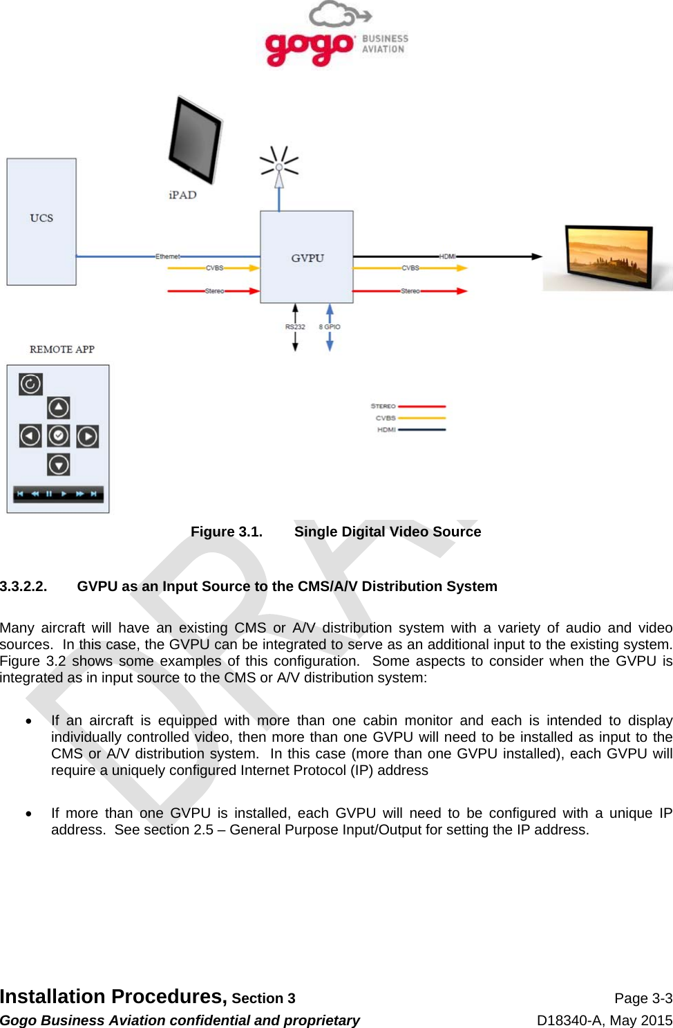   Installation Procedures, Section 3 Page 3-3 Gogo Business Aviation confidential and proprietary   D18340-A, May 2015  Figure 3.1.  Single Digital Video Source  3.3.2.2.  GVPU as an Input Source to the CMS/A/V Distribution System  Many aircraft will have an existing CMS or A/V distribution system with a variety of audio and video sources.  In this case, the GVPU can be integrated to serve as an additional input to the existing system.  Figure 3.2 shows some examples of this configuration.  Some aspects to consider when the GVPU is integrated as in input source to the CMS or A/V distribution system:    If an aircraft is equipped with more than one cabin monitor and each is intended to display individually controlled video, then more than one GVPU will need to be installed as input to the CMS or A/V distribution system.  In this case (more than one GVPU installed), each GVPU will require a uniquely configured Internet Protocol (IP) address    If more than one GVPU is installed, each GVPU will need to be configured with a unique IP address.  See section 2.5 – General Purpose Input/Output for setting the IP address.  