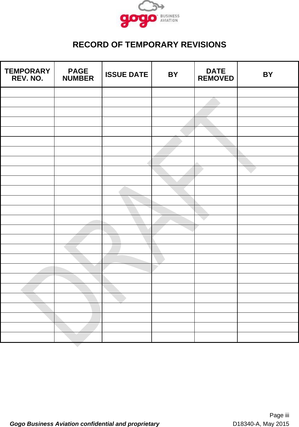   Page iii Gogo Business Aviation confidential and proprietary   D18340-A, May 2015 RECORD OF TEMPORARY REVISIONS  TEMPORARY REV. NO.  PAGE NUMBER  ISSUE DATE BY  DATE REMOVED  BY                                                                                                                                                                                        