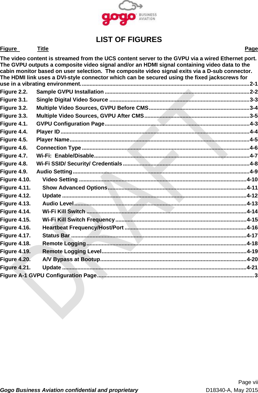   Page vii Gogo Business Aviation confidential and proprietary   D18340-A, May 2015 LIST OF FIGURES Figure   Title  Page The video content is streamed from the UCS content server to the GVPU via a wired Ethernet port.  The GVPU outputs a composite video signal and/or an HDMI signal containing video data to the cabin monitor based on user selection.  The composite video signal exits via a D-sub connector.  The HDMI link uses a DVI-style connector which can be secured using the fixed jackscrews for use in a vibrating environment. .............................................................................................................. 2-1Figure 2.2.Sample GVPU Installation ............................................................................................... 2-2Figure 3.1.Single Digital Video Source ............................................................................................ 3-3Figure 3.2.Multiple Video Sources, GVPU Before CMS .................................................................. 3-4Figure 3.3.Multiple Video Sources, GVPU After CMS ..................................................................... 3-5Figure 4.1.GVPU Configuration Page ............................................................................................... 4-3Figure 4.4.Player ID ............................................................................................................................ 4-4Figure 4.5.Player Name ...................................................................................................................... 4-5Figure 4.6.Connection Type .............................................................................................................. 4-6Figure 4.7.Wi-Fi:  Enable/Disable ...................................................................................................... 4-7Figure 4.8.Wi-Fi SSID/ Security/ Credentials ................................................................................... 4-8Figure 4.9.Audio Setting .................................................................................................................... 4-9Figure 4.10.Video Setting .............................................................................................................. 4-10Figure 4.11.Show Advanced Options ........................................................................................... 4-11Figure 4.12.Update ......................................................................................................................... 4-12Figure 4.13.Audio Level ................................................................................................................. 4-13Figure 4.14.Wi-Fi Kill Switch ......................................................................................................... 4-14Figure 4.15.Wi-Fi Kill Switch Frequency ...................................................................................... 4-15Figure 4.16.Heartbeat Frequency/Host/Port ................................................................................ 4-16Figure 4.17.Status Bar ................................................................................................................... 4-17Figure 4.18.Remote Logging ......................................................................................................... 4-18Figure 4.19.Remote Logging Level ............................................................................................... 4-19Figure 4.20.A/V Bypass at Bootup ................................................................................................ 4-20Figure 4.21.Update ......................................................................................................................... 4-21Figure A-1 GVPU Configuration Page ....................................................................................................... 3     