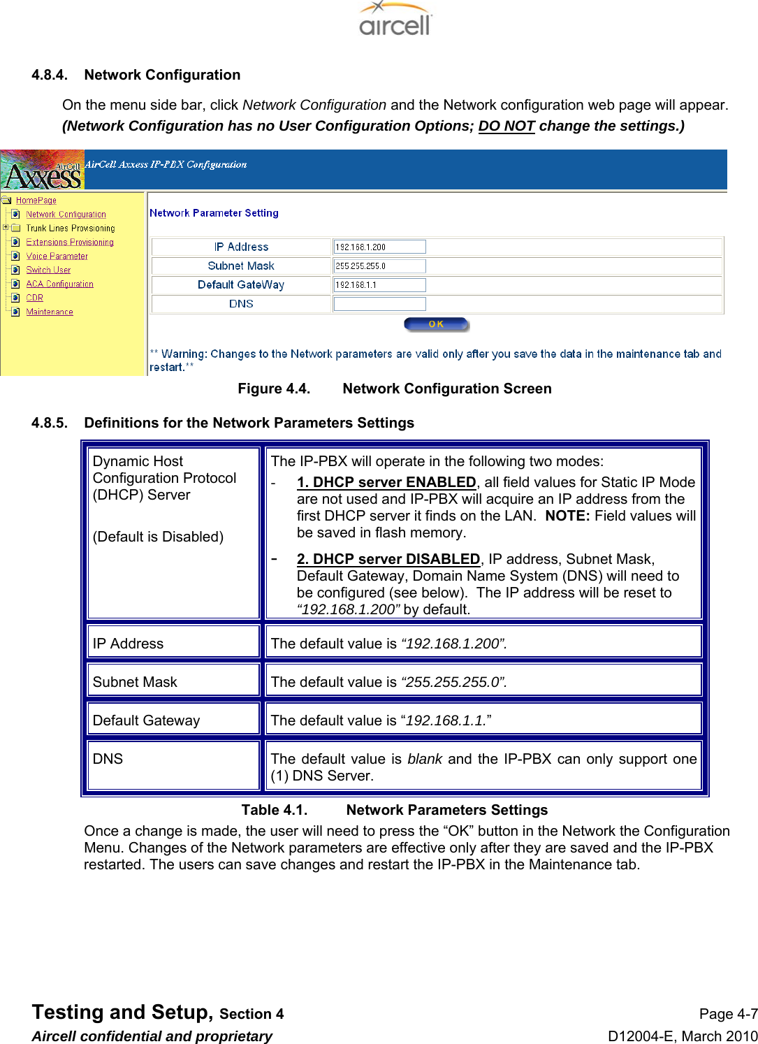  Testing and Setup, Section 4 Page 4-7 Aircell confidential and proprietary D12004-E, March 2010 4.8.4.  Network Configuration On the menu side bar, click Network Configuration and the Network configuration web page will appear. (Network Configuration has no User Configuration Options; DO NOT change the settings.) Figure 4.4.  Network Configuration Screen 4.8.5.  Definitions for the Network Parameters Settings Dynamic Host Configuration Protocol (DHCP) Server  (Default is Disabled) The IP-PBX will operate in the following two modes: - 1. DHCP server ENABLED, all field values for Static IP Mode are not used and IP-PBX will acquire an IP address from the first DHCP server it finds on the LAN.  NOTE: Field values will be saved in flash memory. - 2. DHCP server DISABLED, IP address, Subnet Mask, Default Gateway, Domain Name System (DNS) will need to be configured (see below).  The IP address will be reset to “192.168.1.200” by default. IP Address  The default value is “192.168.1.200”. Subnet Mask  The default value is “255.255.255.0”. Default Gateway  The default value is “192.168.1.1.” DNS  The default value is blank and the IP-PBX can only support one (1) DNS Server. Table 4.1.  Network Parameters Settings Once a change is made, the user will need to press the “OK” button in the Network the Configuration Menu. Changes of the Network parameters are effective only after they are saved and the IP-PBX restarted. The users can save changes and restart the IP-PBX in the Maintenance tab.      