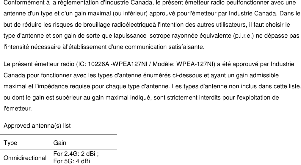 Conform&eacute;ment &agrave; la r&eacute;glementation d'Industrie Canada, le pr&eacute;sent &eacute;metteur radio peutfonctionner avec une antenne d'un type et d'un gain maximal (ou inf&eacute;rieur) approuv&eacute; pourl'&eacute;metteur par Industrie Canada. Dans le but de r&eacute;duire les risques de brouillage radio&eacute;lectrique&agrave; l'intention des autres utilisateurs, il faut choisir le type d'antenne et son gain de sorte que lapuissance isotrope rayonn&eacute;e &eacute;quivalente (p.i.r.e.) ne d&eacute;passe pas l'intensit&eacute; n&eacute;cessaire &agrave;l'&eacute;tablissement d'une communication satisfaisante. Le pr&eacute;sent &eacute;metteur radio (IC: 10226A -WPEA127NI / Mod&egrave;le: WPEA-127NI) a &eacute;t&eacute; approuv&eacute; par Industrie Canada pour fonctionner avec les types d'antenne &eacute;num&eacute;r&eacute;s ci-dessous et ayant un gain admissible maximal et l'imp&eacute;dance requise pour chaque type d'antenne. Les types d'antenne non inclus dans cette liste, ou dont le gain est sup&eacute;rieur au gain maximal indiqu&eacute;, sont strictement interdits pour l'exploitation de l'&eacute;metteur. Approved antenna(s) list   Type  Gain   Omnidirectional For 2.4G: 2 dBi ;   For 5G: 4 dBi     
