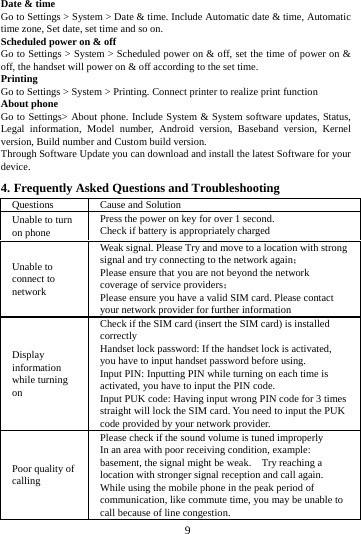 9 Date & time Go to Settings > System > Date & time. Include Automatic date & time, Automatic time zone, Set date, set time and so on. Scheduled power on & off Go to Settings > System > Scheduled power on & off, set the time of power on & off, the handset will power on & off according to the set time. Printing Go to Settings > System > Printing. Connect printer to realize print function About phone Go to Settings> About phone. Include System & System software updates, Status, Legal information, Model number, Android version, Baseband version, Kernel version, Build number and Custom build version. Through Software Update you can download and install the latest Software for your device. 4. Frequently Asked Questions and Troubleshooting Questions Cause and Solution Unable to turn on phone Press the power on key for over 1 second. Check if battery is appropriately charged Unable to connect to network Weak signal. Please Try and move to a location with strong signal and try connecting to the network again; Please ensure that you are not beyond the network coverage of service providers; Please ensure you have a valid SIM card. Please contact your network provider for further information Display information while turning on Check if the SIM card (insert the SIM card) is installed correctly Handset lock password: If the handset lock is activated, you have to input handset password before using. Input PIN: Inputting PIN while turning on each time is activated, you have to input the PIN code. Input PUK code: Having input wrong PIN code for 3 times straight will lock the SIM card. You need to input the PUK code provided by your network provider. Poor quality of calling Please check if the sound volume is tuned improperly In an area with poor receiving condition, example: basement, the signal might be weak. Try reaching a location with stronger signal reception and call again. While using the mobile phone in the peak period of communication, like commute time, you may be unable to call because of line congestion.