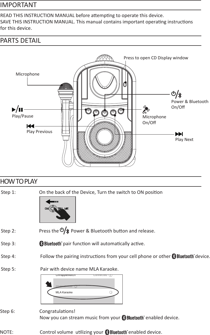 IMPORTANTPARTS DETAILHOW TO PLAYSAVE THIS INSTRUCTION MANUoa           A      MLA Karaoke