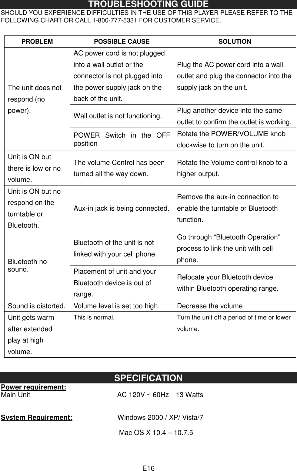  E16TROUBLESHOOTING GUIDE SHOULD YOU EXPERIENCE DIFFICULTIES IN THE USE OF THIS PLAYER PLEASE REFER TO THE FOLLOWING CHART OR CALL 1-800-777-5331 FOR CUSTOMER SERVICE.  PROBLEM POSSIBLE CAUSE SOLUTION The unit does not respond (no power). AC power cord is not plugged into a wall outlet or the connector is not plugged into the power supply jack on the back of the unit. Plug the AC power cord into a wall outlet and plug the connector into the supply jack on the unit. Wall outlet is not functioning.  Plug another device into the same outlet to confirm the outlet is working. POWER  Switch  in  the  OFF position Rotate the POWER/VOLUME knob clockwise to turn on the unit. Unit is ON but there is low or no volume. The volume Control has been turned all the way down. Rotate the Volume control knob to a higher output. Unit is ON but no respond on the turntable or Bluetooth. Aux-in jack is being connected. Remove the aux-in connection to enable the turntable or Bluetooth function. Bluetooth no sound. Bluetooth of the unit is not linked with your cell phone. Go through “Bluetooth Operation” process to link the unit with cell phone. Placement of unit and your Bluetooth device is out of range. Relocate your Bluetooth device within Bluetooth operating range. Sound is distorted.  Volume level is set too high    Decrease the volume   Unit gets warm after extended play at high volume. This is normal.  Turn the unit off a period of time or lower volume.   SPECIFICATION Power requirement:   Main Unit                                                  AC 120V ~ 60Hz    13 Watts                                                                                               System Requirement:                          Windows 2000 / XP/ Vista/7                                                                      Mac OS X 10.4 – 10.7.5 