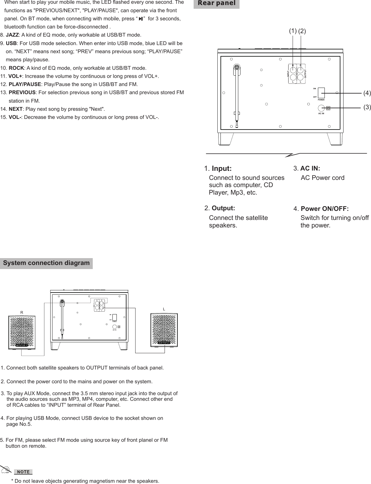 System connection diagram1. Input:Connect to sound sourcessuch as computer, CD Player, Mp3, etc.3. AC IN: AC Power cord2. Output:Connect the satellite speakers.4. Power ON/OFF:Switch for turning on/offthe power.(3)(4)(2)(1)AC ININPUTLROUTPUTLR* Do not leave objects generating magnetism near the speakers.RLAC ININPUTLROUTPUTLR1. Connect both satellite speakers to OUTPUT terminals of back panel.2. Connect the power cord to the mains and power on the system.3. To play AUX Mode, connect the 3.5 mm stereo input jack into the output ofthe audio sources such as MP3, MP4, computer, etc. Connect other endof RCA cables to &ldquo;INPUT&rdquo; terminal of Rear Panel.4. For playing USB Mode, connect USB device to the socket shown onpage No.5.5. For FM, please select FM mode using source key of front planel or FMbutton on remote.   When start to play your mobile music, the LED flashed every one second. The   functions as "PREVIOUS/NEXT", "PLAY/PAUSE", can operate via the front   panel. On BT mode, when connecting with mobile, press &ldquo;    &rdquo;  for 3 seconds,   bluetooth function can be force-disconnected .8. JAZZ: A kind of EQ mode, only workable at USB/BT mode.9. USB: For USB mode selection. When enter into USB mode, blue LED will beon. &ldquo;NEXT&rdquo; means next song; &ldquo;PREV&rdquo; means previous song; &ldquo;PLAY/PAUSE&rdquo;means play/pause.10. ROCK: A kind of EQ mode, only workable at USB/BT mode.11. VOL+: Increase the volume by continuous or long press of VOL+.12. PLAY/PAUSE: Play/Pause the song in USB/BT and FM.13. PREVIOUS: For selection previous song in USB/BT and previous stored FMstation in FM.14. NEXT: Play next song by pressing "Next".15. VOL-: Decrease the volume by continuous or long press of VOL-.