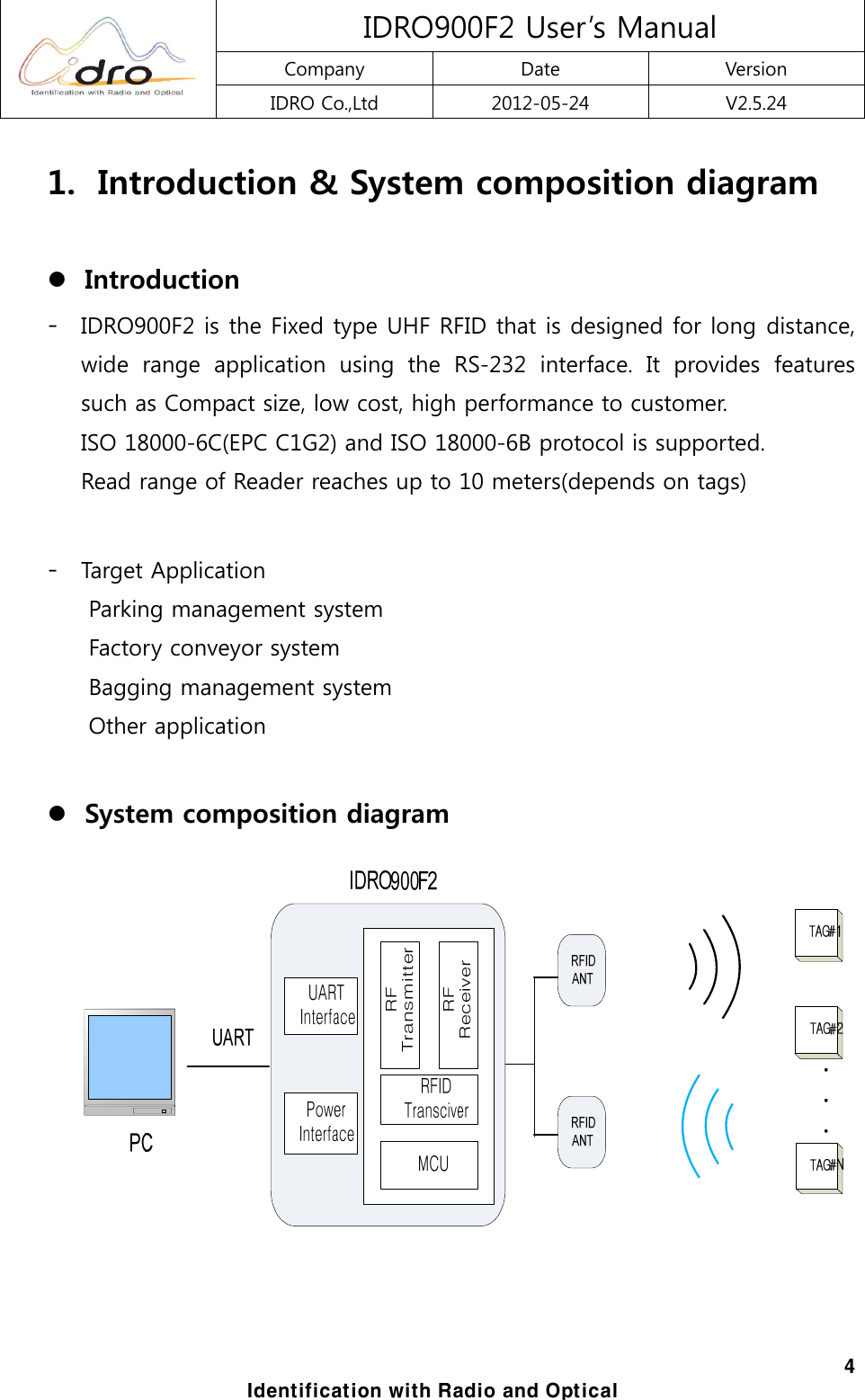  IDRO900F2 User&rsquo;s Manual Company  Date  Version IDRO Co.,Ltd  2012-05-24  V2.5.24  4 Identification with Radio and Optical 1.   Introduction &amp; System composition diagram  z Introduction   - IDRO900F2 is the Fixed type UHF RFID that is designed for long distance, wide  range  application  using  the  RS-232  interface.  It  provides  features such as Compact size, low cost, high performance to customer.     ISO 18000-6C(EPC C1G2) and ISO 18000-6B protocol is supported.   Read range of Reader reaches up to 10 meters(depends on tags)  - Target Application Parking management system Factory conveyor system Bagging management system Other application  z System composition diagram     