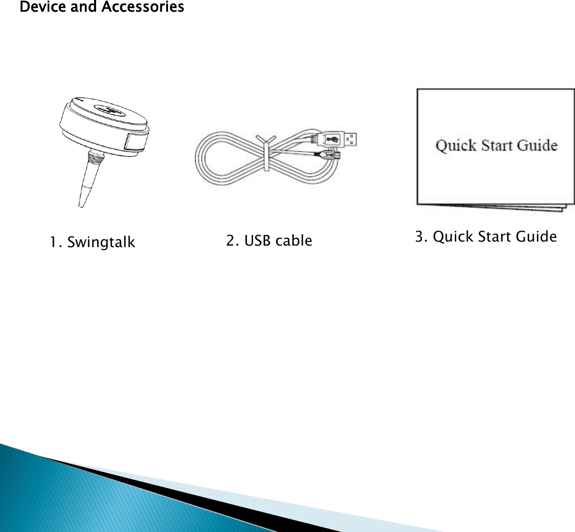 Device and Accessories1. Swingtalk 2. USB cable 3. Quick Start Guide