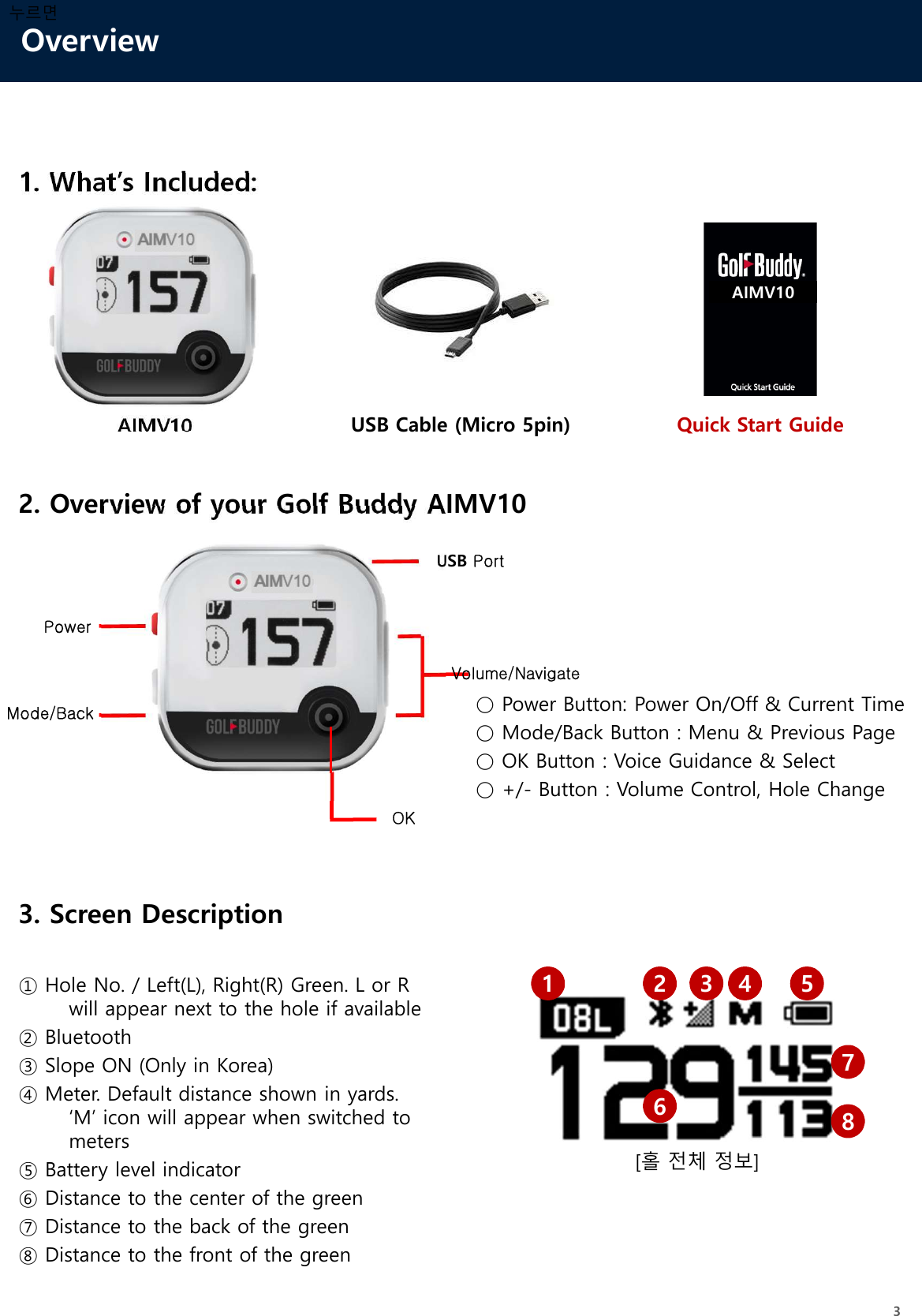 Overview31. What’s Included:AIMV10 USB Cable (Micro 5pin) Quick Start Guide2. Overview of your Golf Buddy AIMV10PowerMode/BackUSB PortVolume/NavigateOK 누르면○ Power Button: Power On/Off &amp; Current Time○ Mode/Back Button : Menu &amp; Previous Page○ OK Button : Voice Guidance &amp; Select○ +/- Button : Volume Control, Hole Change3. Screen Description① Hole No. / Left(L), Right(R) Green. L or R will appear next to the hole if available② Bluetooth③ Slope ON (Only in Korea)④ Meter. Default distance shown in yards. ‘M’ icon will appear when switched to meters⑤ Battery level indicator⑥ Distance to the center of the green⑦ Distance to the back of the green⑧ Distance to the front of the green1 2 3 4 5678[홀 전체 정보]AIMV10