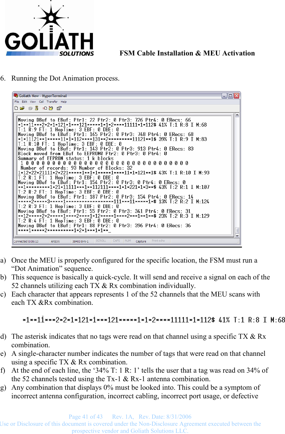               FSM Cable Installation &amp; MEU Activation   Page 41 of 43      Rev. 1A,   Rev. Date: 8/31/2006 Use or Disclosure of this document is covered under the Non-Disclosure Agreement executed between the prospective vendor and Goliath Solutions LLC.   6. Running the Dot Animation process.    a) Once the MEU is properly configured for the specific location, the FSM must run a “Dot Animation” sequence. b) This sequence is basically a quick-cycle. It will send and receive a signal on each of the 52 channels utilizing each TX &amp; Rx combination individually. c) Each character that appears represents 1 of the 52 channels that the MEU scans with each TX &amp;Rx combination.    d) The asterisk indicates that no tags were read on that channel using a specific TX &amp; Rx combination. e) A single-character number indicates the number of tags that were read on that channel using a specific TX &amp; Rx combination. f) At the end of each line, the ‘34% T: 1 R: 1’ tells the user that a tag was read on 34% of the 52 channels tested using the Tx-1 &amp; Rx-1 antenna combination. g) Any combination that displays 0% must be looked into. This could be a symptom of incorrect antenna configuration, incorrect cabling, incorrect port usage, or defective 