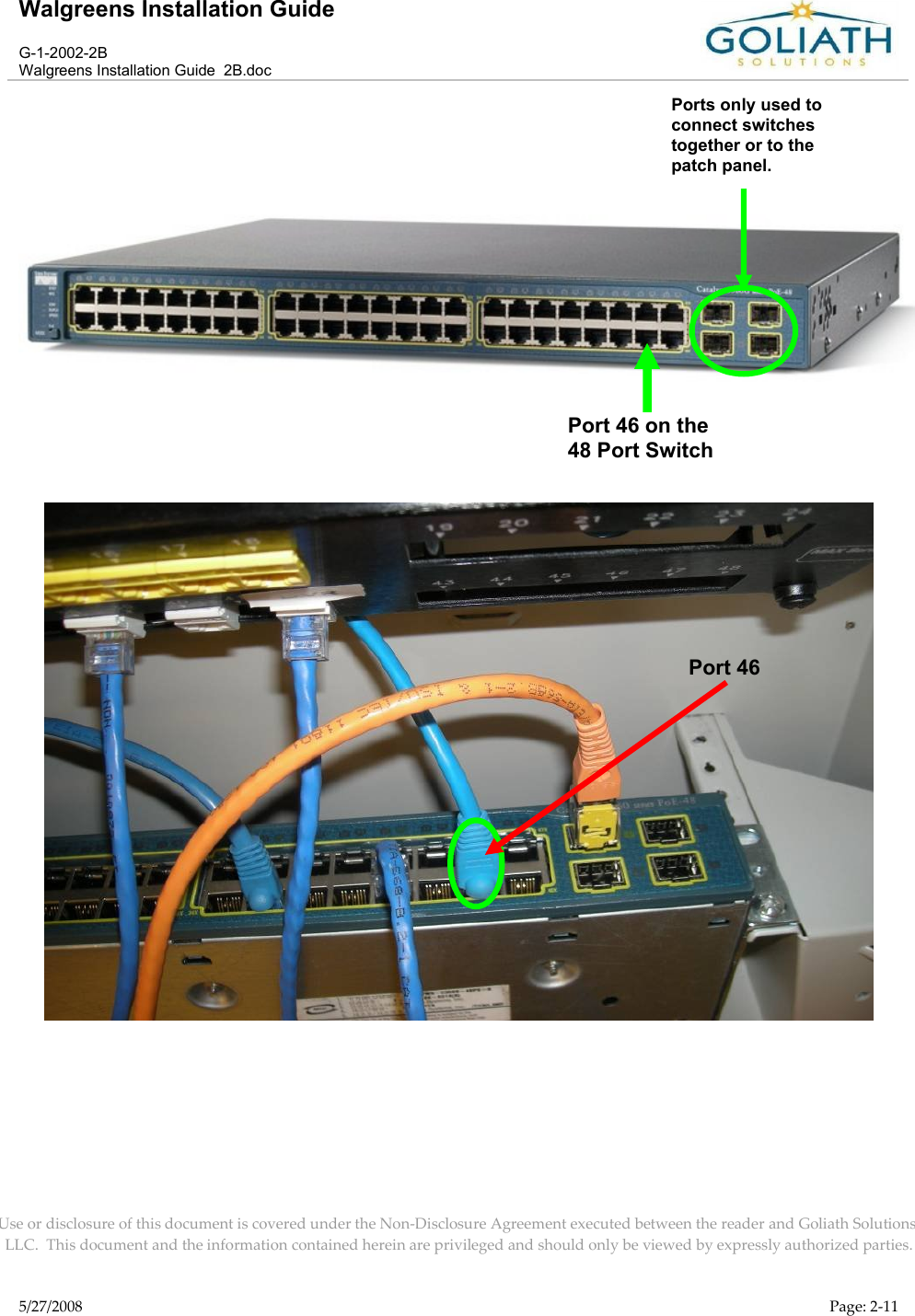 Walgreens Installation GuideG-1-2002-2BWalgreens Installation Guide  2B.docUse or disclosure of this document is covered under the Non-Disclosure Agreement executed between the reader and Goliath Solutions, LLC.  This document and the information contained herein are privileged and should only be viewed by expressly authorized parties.5/27/2008 Page: 2-11Port 46Port 46 on the 48 Port SwitchPorts only used to connect switches together or to the patch panel.