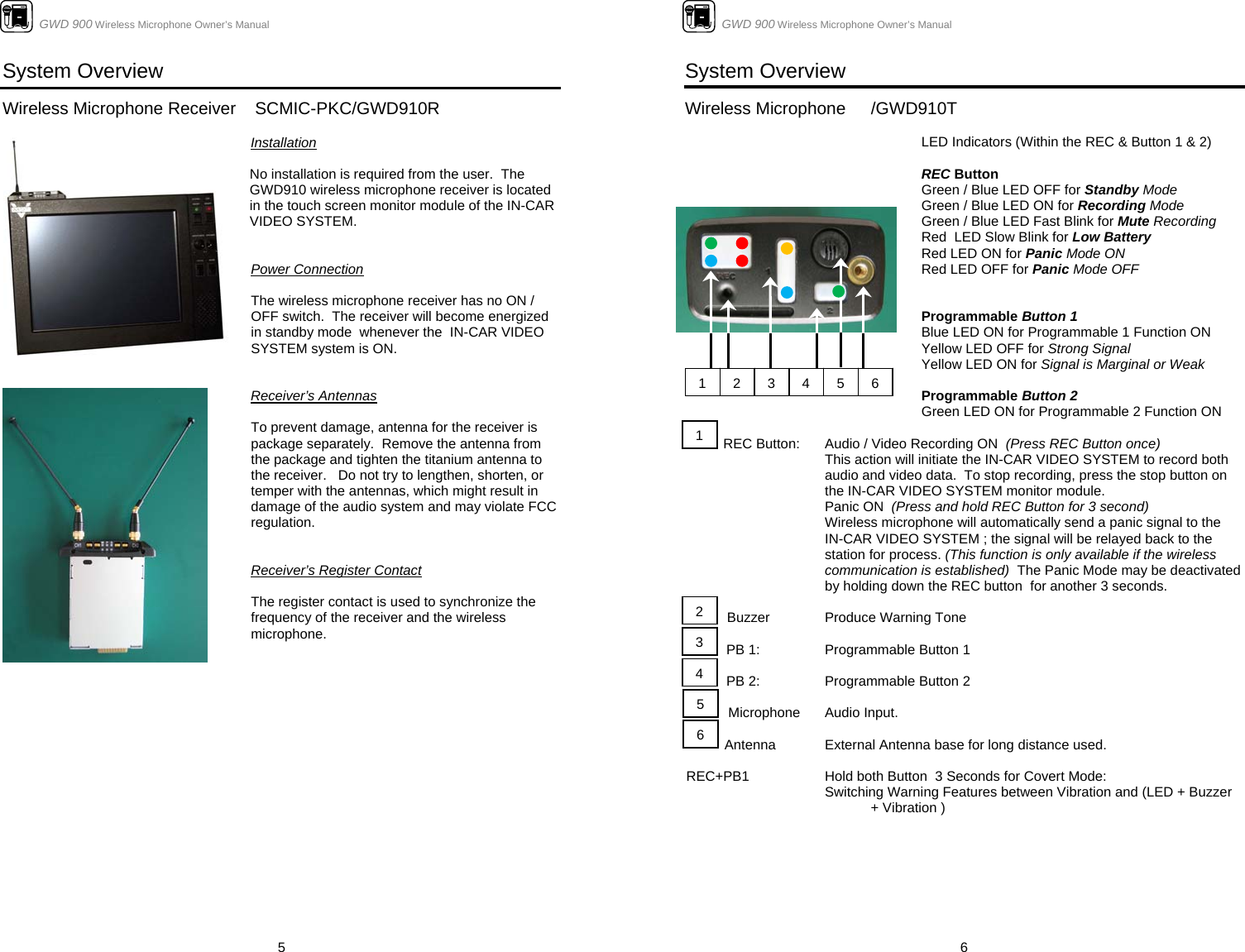                      GWD 900 Wireless Microphone Owner’s Manual  5System Overview  Wireless Microphone Receiver    SCMIC-PKC/GWD910R              Installation                               No installation is required from the user.  The GWD910 wireless microphone receiver is located in the touch screen monitor module of the IN-CAR VIDEO SYSTEM.    Power Connection    The wireless microphone receiver has no ON / OFF switch.  The receiver will become energized in standby mode  whenever the  IN-CAR VIDEO SYSTEM system is ON.                                Receiver’s Antennas  To prevent damage, antenna for the receiver is package separately.  Remove the antenna from the package and tighten the titanium antenna to the receiver.   Do not try to lengthen, shorten, or temper with the antennas, which might result in damage of the audio system and may violate FCC regulation.   Receiver’s Register Contact  The register contact is used to synchronize the frequency of the receiver and the wireless microphone.                                                  GWD 900 Wireless Microphone Owner’s Manual  6System Overview  Wireless Microphone   /GWD910T           LED Indicators (Within the REC &amp; Button 1 &amp; 2)  REC Button  Green / Blue LED OFF for Standby Mode Green / Blue LED ON for Recording Mode Green / Blue LED Fast Blink for Mute Recording  Red  LED Slow Blink for Low Battery Red LED ON for Panic Mode ON Red LED OFF for Panic Mode OFF   Programmable Button 1 Blue LED ON for Programmable 1 Function ON  Yellow LED OFF for Strong Signal Yellow LED ON for Signal is Marginal or Weak  Programmable Button 2 Green LED ON for Programmable 2 Function ON             REC Button:  Audio / Video Recording ON  (Press REC Button once) This action will initiate the IN-CAR VIDEO SYSTEM to record both audio and video data.  To stop recording, press the stop button on the IN-CAR VIDEO SYSTEM monitor module.   Panic ON  (Press and hold REC Button for 3 second)  Wireless microphone will automatically send a panic signal to the IN-CAR VIDEO SYSTEM ; the signal will be relayed back to the station for process. (This function is only available if the wireless communication is established)  The Panic Mode may be deactivated by holding down the REC button  for another 3 seconds.             Buzzer  Produce Warning Tone  PB 1:  Programmable Button 1   PB 2:  Programmable Button 2              Microphone  Audio Input.              Antenna  External Antenna base for long distance used.  REC+PB1   Hold both Button  3 Seconds for Covert Mode:   Switching Warning Features between Vibration and (LED + Buzzer + Vibration )        12643  42  51 635