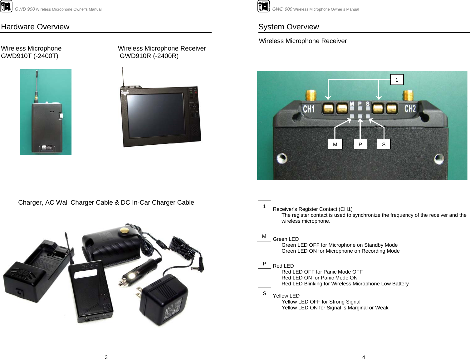                      GWD 900 Wireless Microphone Owner’s Manual  3Hardware Overview   Wireless Microphone      Wireless Microphone Receiver GWD910T (-2400T)                                  GWD910R (-2400R)                 Charger, AC Wall Charger Cable &amp; DC In-Car Charger Cable                                     GWD 900 Wireless Microphone Owner’s Manual  4System Overview  Wireless Microphone Receiver                                          Receiver’s Register Contact (CH1) The register contact is used to synchronize the frequency of the receiver and the wireless microphone.             Green LED  Green LED OFF for Microphone on Standby Mode Green LED ON for Microphone on Recording Mode            Red LED  Red LED OFF for Panic Mode OFF            Red LED ON for Panic Mode ON   Red LED Blinking for Wireless Microphone Low Battery            Yellow LED  Yellow LED OFF for Strong Signal Yellow LED ON for Signal is Marginal or Weak       1MPS1SPM