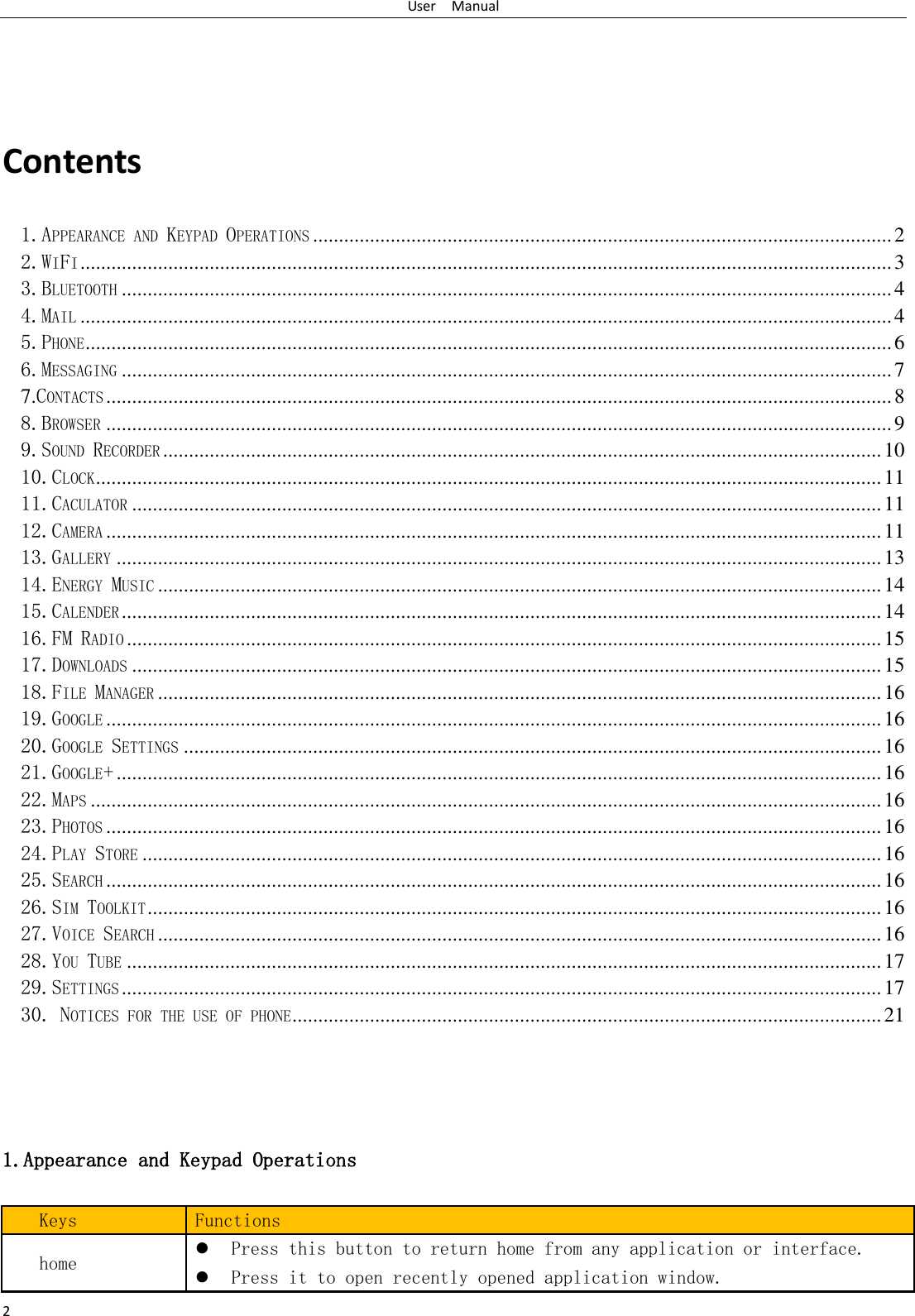 User    Manual 2  Contents 1.APPEARANCE AND KEYPAD OPERATIONS ................................................................................................................ 2 2.WIFI ............................................................................................................................................................. 3 3.BLUETOOTH ..................................................................................................................................................... 4 4.MAIL ............................................................................................................................................................. 4 5.PHONE ............................................................................................................................................................ 6 6.MESSAGING ..................................................................................................................................................... 7 7.CONTACTS ........................................................................................................................................................ 8 8.BROWSER ........................................................................................................................................................ 9 9.SOUND RECORDER ........................................................................................................................................... 10 10.CLOCK ........................................................................................................................................................ 11 11.CACULATOR ................................................................................................................................................. 11 12.CAMERA ...................................................................................................................................................... 11 13.GALLERY .................................................................................................................................................... 13 14.ENERGY MUSIC ............................................................................................................................................ 14 15.CALENDER ................................................................................................................................................... 14 16.FM RADIO .................................................................................................................................................. 15 17.DOWNLOADS ................................................................................................................................................. 15 18.FILE MANAGER ............................................................................................................................................ 16 19.GOOGLE ...................................................................................................................................................... 16 20.GOOGLE SETTINGS ....................................................................................................................................... 16 21.GOOGLE+ .................................................................................................................................................... 16 22.MAPS ......................................................................................................................................................... 16 23.PHOTOS ...................................................................................................................................................... 16 24.PLAY STORE ............................................................................................................................................... 16 25.SEARCH ...................................................................................................................................................... 16 26.SIM TOOLKIT .............................................................................................................................................. 16 27.VOICE SEARCH ............................................................................................................................................ 16 28.YOU TUBE .................................................................................................................................................. 17 29.SETTINGS ................................................................................................................................................... 17 30. NOTICES FOR THE USE OF PHONE .................................................................................................................. 21   1.Appearance and Keypad Operations Keys Functions home  Press this button to return home from any application or interface.  Press it to open recently opened application window. 
