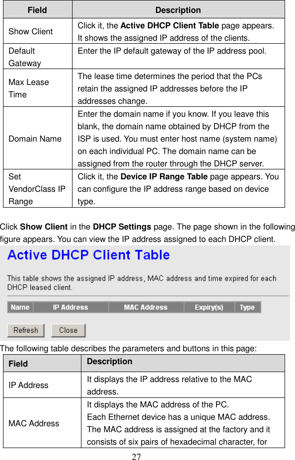  27 Field  Description Show Client  Click it, the Active DHCP Client Table page appears. It shows the assigned IP address of the clients. Default Gateway Enter the IP default gateway of the IP address pool. Max Lease Time The lease time determines the period that the PCs retain the assigned IP addresses before the IP addresses change. Domain Name Enter the domain name if you know. If you leave this blank, the domain name obtained by DHCP from the ISP is used. You must enter host name (system name) on each individual PC. The domain name can be assigned from the router through the DHCP server. Set VendorClass IP Range Click it, the Device IP Range Table page appears. You can configure the IP address range based on device type.  Click Show Client in the DHCP Settings page. The page shown in the following figure appears. You can view the IP address assigned to each DHCP client.  The following table describes the parameters and buttons in this page: Field  Description IP Address  It displays the IP address relative to the MAC address. MAC Address It displays the MAC address of the PC. Each Ethernet device has a unique MAC address. The MAC address is assigned at the factory and it consists of six pairs of hexadecimal character, for 