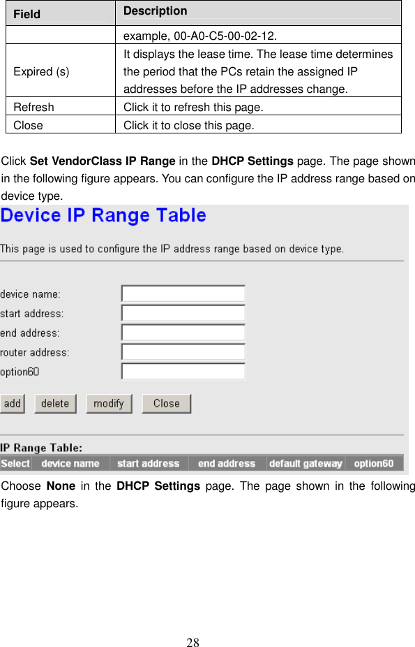  28 Field  Description example, 00-A0-C5-00-02-12. Expired (s) It displays the lease time. The lease time determines the period that the PCs retain the assigned IP addresses before the IP addresses change. Refresh  Click it to refresh this page. Close  Click it to close this page.  Click Set VendorClass IP Range in the DHCP Settings page. The page shown in the following figure appears. You can configure the IP address range based on device type.  Choose  None  in  the  DHCP  Settings  page.  The  page  shown  in  the  following figure appears. 