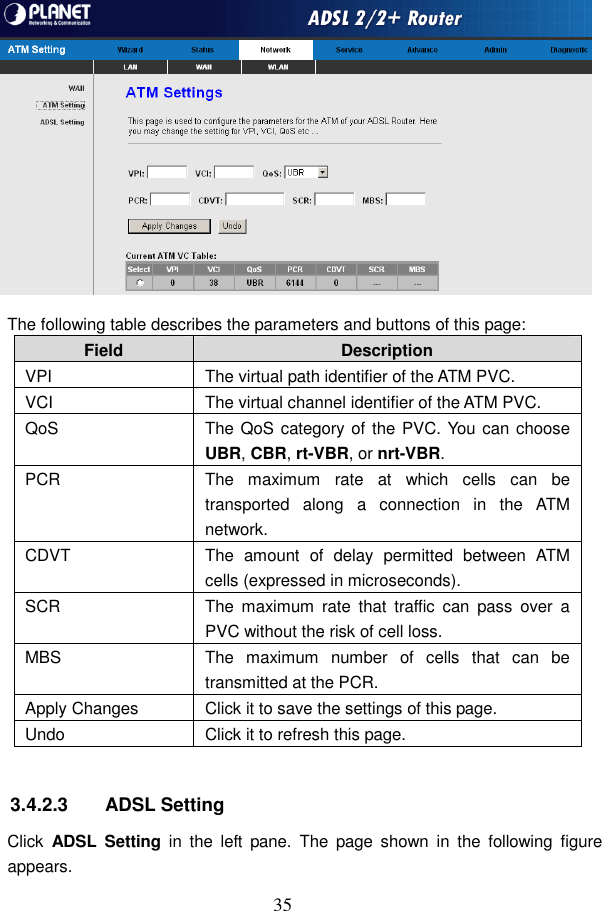  35  The following table describes the parameters and buttons of this page: Field  Description VPI  The virtual path identifier of the ATM PVC. VCI  The virtual channel identifier of the ATM PVC. QoS  The QoS category of the PVC. You can choose UBR, CBR, rt-VBR, or nrt-VBR. PCR  The  maximum  rate  at  which  cells  can  be transported  along  a  connection  in  the  ATM network. CDVT  The  amount  of  delay  permitted  between  ATM cells (expressed in microseconds). SCR  The  maximum  rate  that  traffic  can  pass  over  a PVC without the risk of cell loss. MBS  The  maximum  number  of  cells  that  can  be transmitted at the PCR. Apply Changes  Click it to save the settings of this page. Undo  Click it to refresh this page.  3.4.2.3  ADSL Setting Click  ADSL  Setting  in  the  left  pane.  The  page  shown  in  the  following  figure appears. 