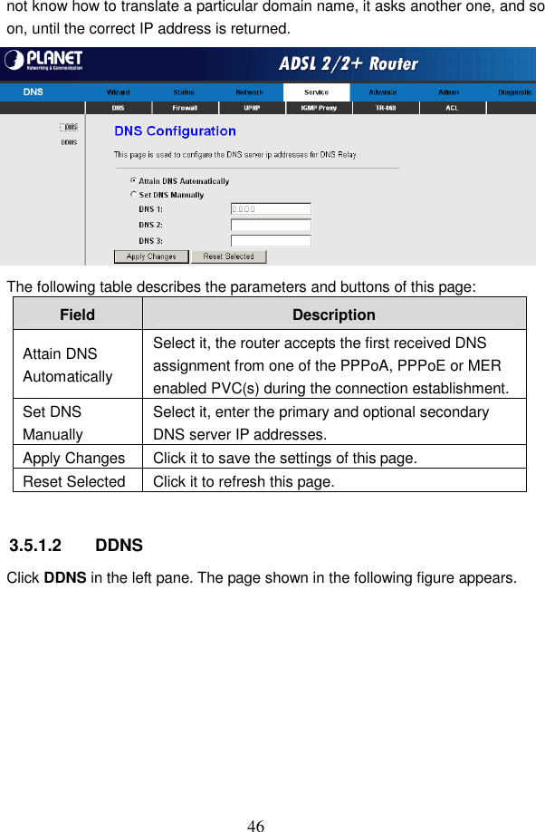  46 not know how to translate a particular domain name, it asks another one, and so on, until the correct IP address is returned.  The following table describes the parameters and buttons of this page: Field  Description Attain DNS Automatically Select it, the router accepts the first received DNS assignment from one of the PPPoA, PPPoE or MER enabled PVC(s) during the connection establishment. Set DNS Manually Select it, enter the primary and optional secondary DNS server IP addresses. Apply Changes  Click it to save the settings of this page. Reset Selected  Click it to refresh this page.  3.5.1.2  DDNS Click DDNS in the left pane. The page shown in the following figure appears. 