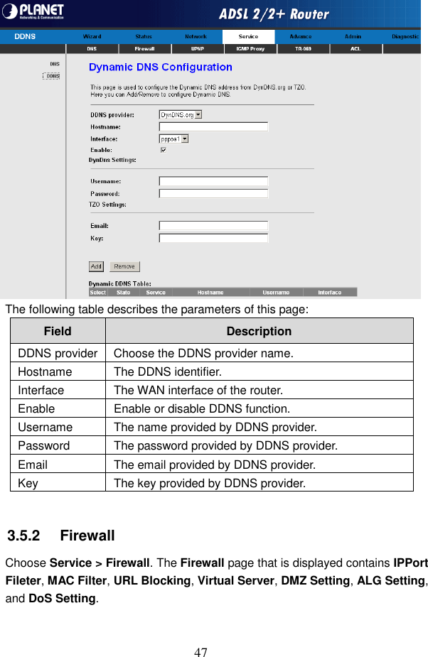  47  The following table describes the parameters of this page: Field  Description DDNS provider Choose the DDNS provider name. Hostname  The DDNS identifier. Interface  The WAN interface of the router. Enable  Enable or disable DDNS function. Username  The name provided by DDNS provider. Password  The password provided by DDNS provider. Email  The email provided by DDNS provider. Key  The key provided by DDNS provider.  3.5.2   Firewall Choose Service > Firewall. The Firewall page that is displayed contains IPPort Fileter, MAC Filter, URL Blocking, Virtual Server, DMZ Setting, ALG Setting, and DoS Setting. 