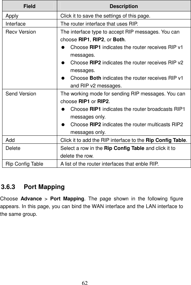  62 Field  Description Apply  Click it to save the settings of this page. Interface  The router interface that uses RIP. Recv Version  The interface type to accept RIP messages. You can choose RIP1, RIP2, or Both.   Choose RIP1 indicates the router receives RIP v1 messages.   Choose RIP2 indicates the router receives RIP v2 messages.   Choose Both indicates the router receives RIP v1 and RIP v2 messages. Send Version  The working mode for sending RIP messages. You can choose RIP1 or RIP2.   Choose RIP1 indicates the router broadcasts RIP1 messages only.   Choose RIP2 indicates the router multicasts RIP2 messages only. Add  Click it to add the RIP interface to the Rip Config Table. Delete  Select a row in the Rip Config Table and click it to delete the row. Rip Config Table  A list of the router interfaces that enble RIP.  3.6.3   Port Mapping Choose  Advance  >  Port  Mapping.  The  page  shown  in  the  following  figure appears. In this page, you can bind the WAN interface and the LAN interface to the same group. 