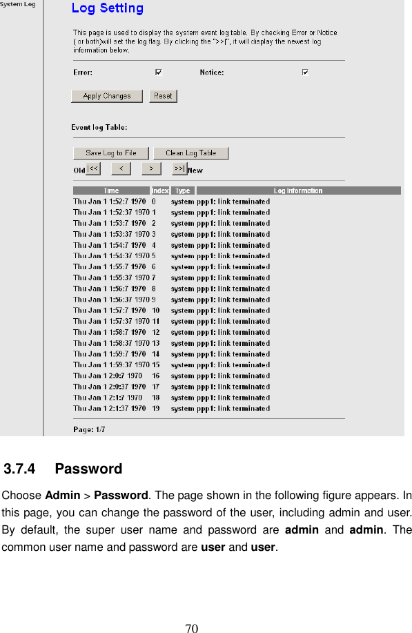  70  3.7.4   Password Choose Admin > Password. The page shown in the following figure appears. In this page, you can change the password of the user, including admin and user. By  default,  the  super  user  name  and  password  are  admin  and  admin.  The common user name and password are user and user. 