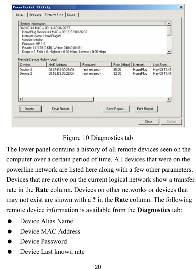  20  Figure 10 Diagnostics tab The lower panel contains a history of all remote devices seen on the computer over a certain period of time. All devices that were on the powerline network are listed here along with a few other parameters. Devices that are active on the current logical network show a transfer rate in the Rate column. Devices on other networks or devices that may not exist are shown with a ? in the Rate column. The following remote device information is available from the Diagnostics tab:   Device Alias Name   Device MAC Address   Device Password   Device Last known rate 