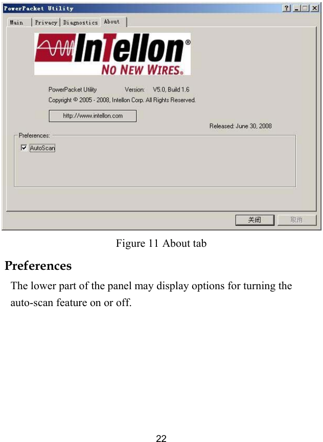  22  Figure 11 About tab Preferences The lower part of the panel may display options for turning the auto-scan feature on or off. 
