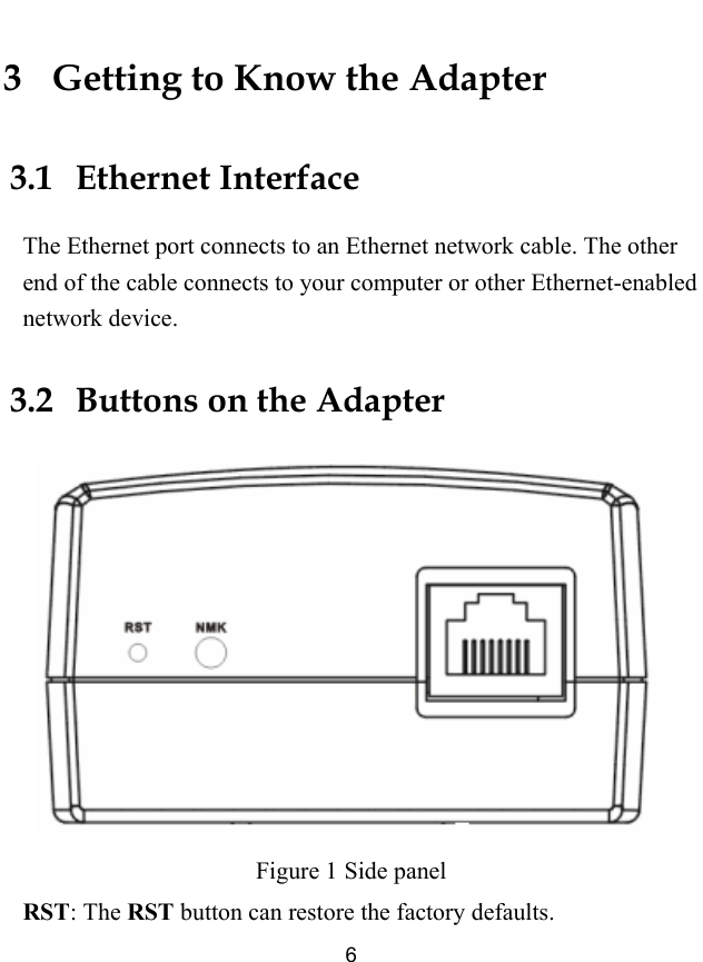  6 3   Getting to Know the Adapter 3.1   Ethernet Interface The Ethernet port connects to an Ethernet network cable. The other end of the cable connects to your computer or other Ethernet-enabled network device. 3.2   Buttons on the Adapter  Figure 1 Side panel RST: The RST button can restore the factory defaults. 