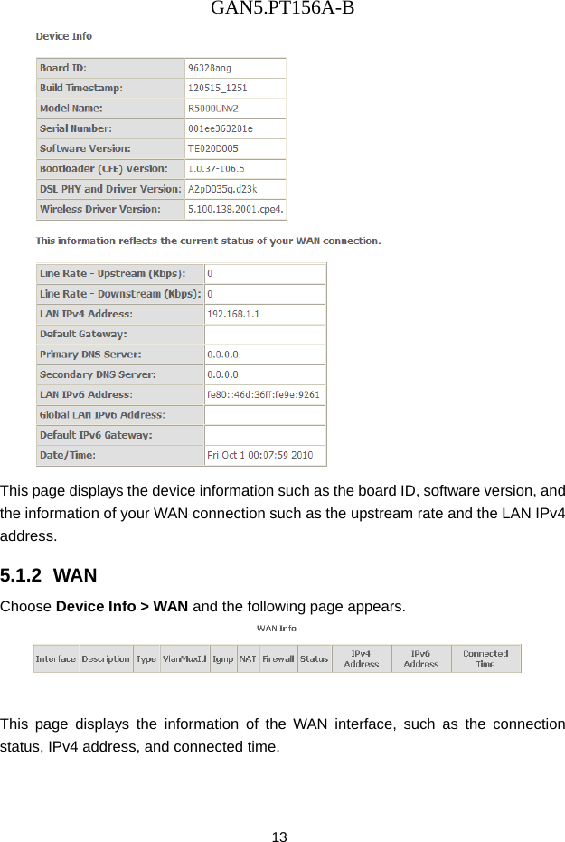 GAN5.PT156A-B 13  This page displays the device information such as the board ID, software version, and the information of your WAN connection such as the upstream rate and the LAN IPv4 address. 5.1.2  WAN Choose Device Info > WAN and the following page appears.  This page displays the information of the WAN interface, such as the connection status, IPv4 address, and connected time. 