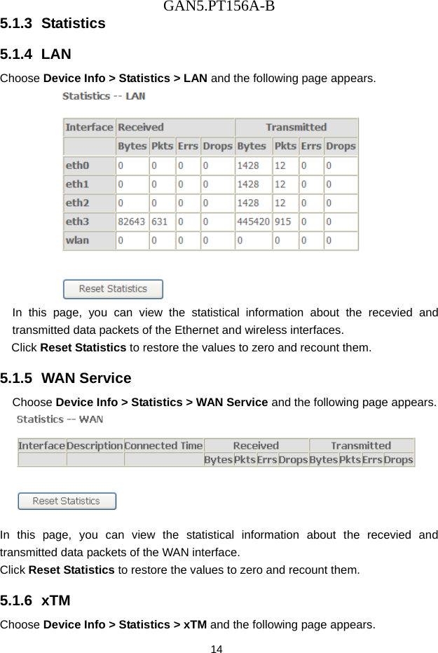 GAN5.PT156A-B 14 5.1.3  Statistics 5.1.4  LAN Choose Device Info > Statistics > LAN and the following page appears.  In this page, you can view the statistical information about the recevied and transmitted data packets of the Ethernet and wireless interfaces.   Click Reset Statistics to restore the values to zero and recount them. 5.1.5  WAN Service Choose Device Info > Statistics > WAN Service and the following page appears.    In this page, you can view the statistical information about the recevied and transmitted data packets of the WAN interface.   Click Reset Statistics to restore the values to zero and recount them. 5.1.6  xTM Choose Device Info > Statistics > xTM and the following page appears. 