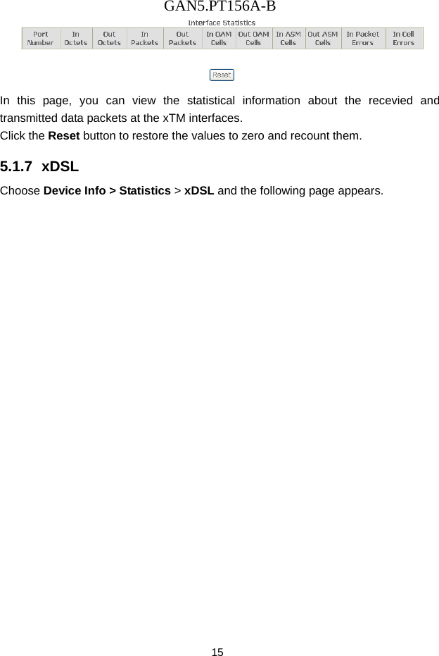 GAN5.PT156A-B 15  In this page, you can view the statistical information about the recevied and transmitted data packets at the xTM interfaces.   Click the Reset button to restore the values to zero and recount them. 5.1.7  xDSL Choose Device Info > Statistics > xDSL and the following page appears. 