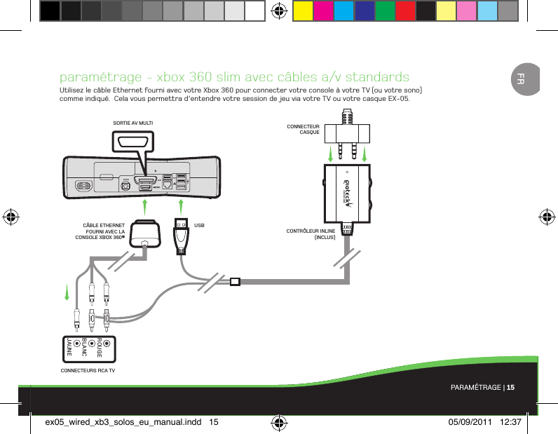 PARAMÉTRAGE | 15paramétrage - xbox 360 slim avec câbles a/v standardsUtilisez le câble Ethernet fourni avec votre Xbox 360 pour connecter votre console à votre TV (ou votre sono) comme indiqué.  Cela vous permettra d&apos;entendre votre session de jeu via votre TV ou votre casque EX-05.CONNECTEURS RCA TVSORTIE AV MULTICONTRÔLEUR INLINE (INCLUS)CONNECTEUR CASQUEUSBCÂBLE ETHERNET FOURNI AVEC LA CONSOLE XBOX 360®BLANCJAUNEROUGEFRex05_wired_xb3_solos_eu_manual.indd   15 05/09/2011   12:37