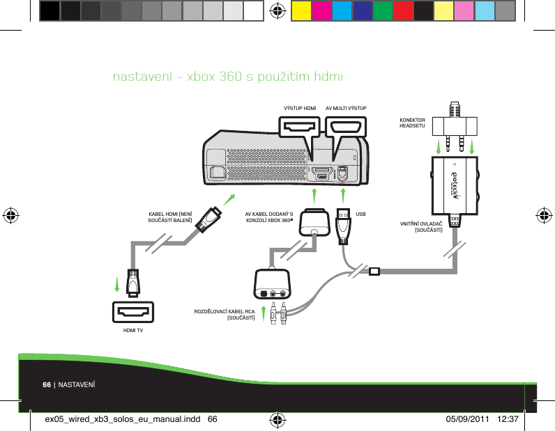 66 | NASTAVENÍ nastavení - xbox 360 s použitím hdmiVÝSTUP HDMIKABEL HDMI (NENÍ SOUČÁSTÍ BALENÍ)AV MULTI VÝSTUPVNITŘNÍ OVLADAČ (SOUČÁSTÍ)USBAV KABEL DODANÝ S KONZOLÍ XBOX 360®ROZDĚLOVACÍ KABEL RCA (SOUČÁSTÍ) KONEKTOR HEADSETUHDMI TVex05_wired_xb3_solos_eu_manual.indd   66 05/09/2011   12:37