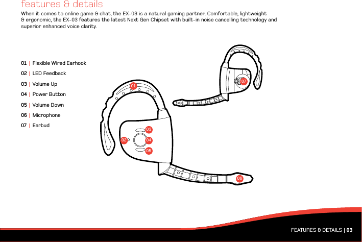 features &amp; detailsWhen it comes to online game &amp; chat, the EX-03 is a natural gaming partner. Comfortable, lightweight  &amp; ergonomic, the EX-03 features the latest Next Gen Chipset with built-in noise cancelling technology and  superior enhanced voice clarity.01 |  Flexible Wired Earhook02 |  LED Feedback03 |  Volume Up04 |  Power Button05 |  Volume Down06 | Microphone07 | EarbudFEATURES &amp; DETAILS | 0301020304050607